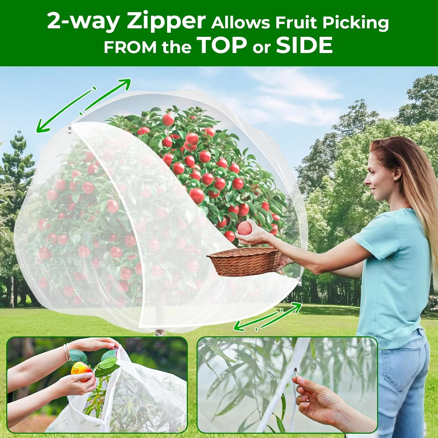 Fruit Tree Netting with 2-Way Zipper & Drawstring - 4'x6' Garden Plant Net Pest Barrier to Prevent Cicadas Bird Squirrel Deer - Bug Protection for Blueberry Tomato with Fine Mesh Insect Cover (4 Pack)