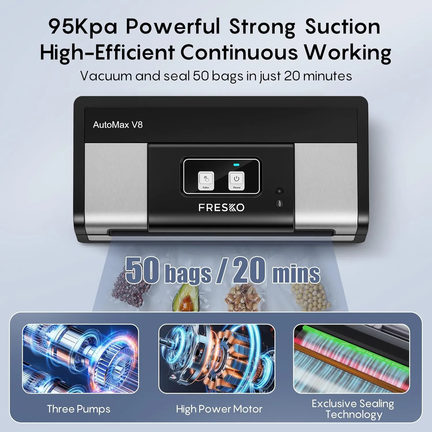 Fully Automatic Vacuum Sealer, 95Kpa Powerful Food Vacuum Sealer Machine, Auto Dry-Wet Detection | Bag Cutter | 2 Rolls Bags | Effortless Operation, Silver - Black