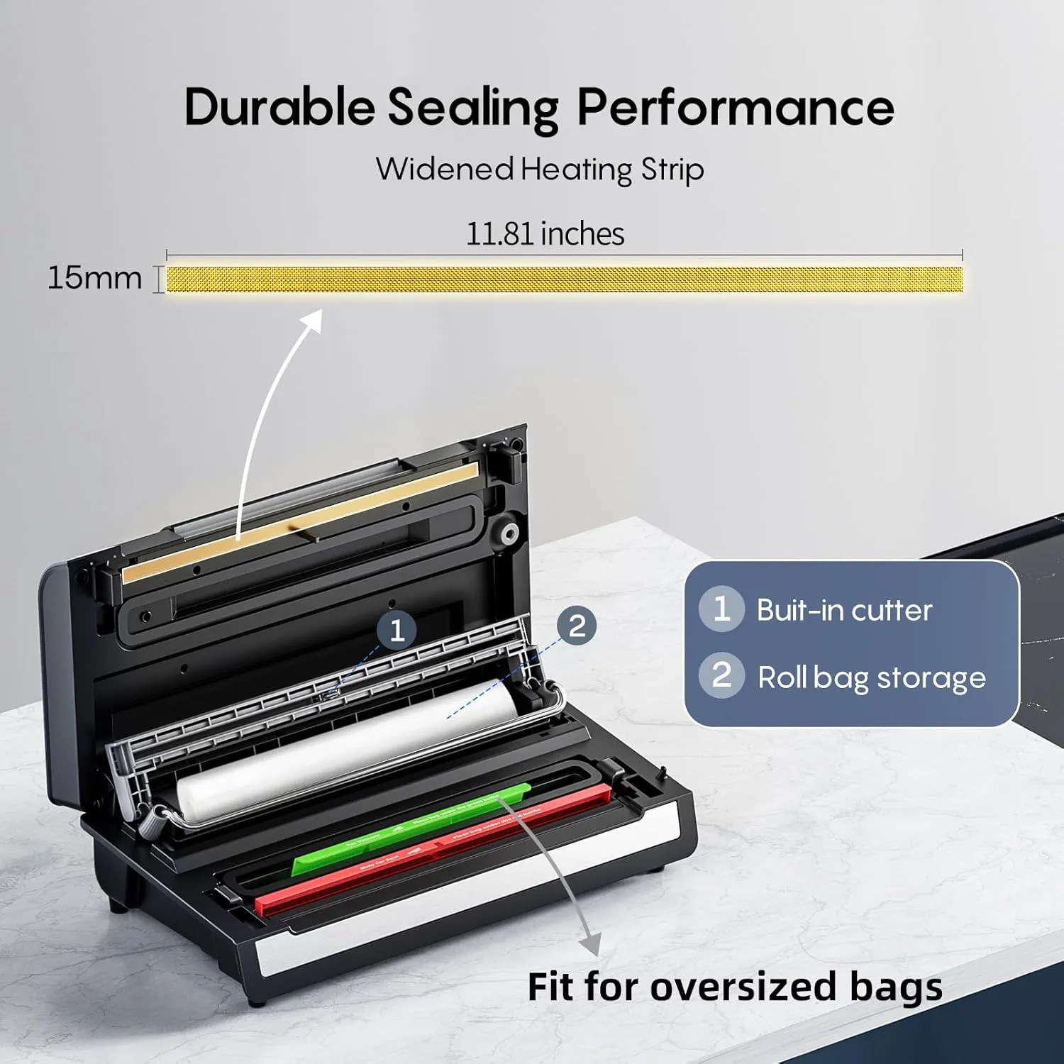 Fully Automatic Vacuum Sealer, 95Kpa Powerful Food Vacuum Sealer Machine, Auto Dry-Wet Detection | Bag Cutter | 2 Rolls Bags | Effortless Operation, Silver - Black