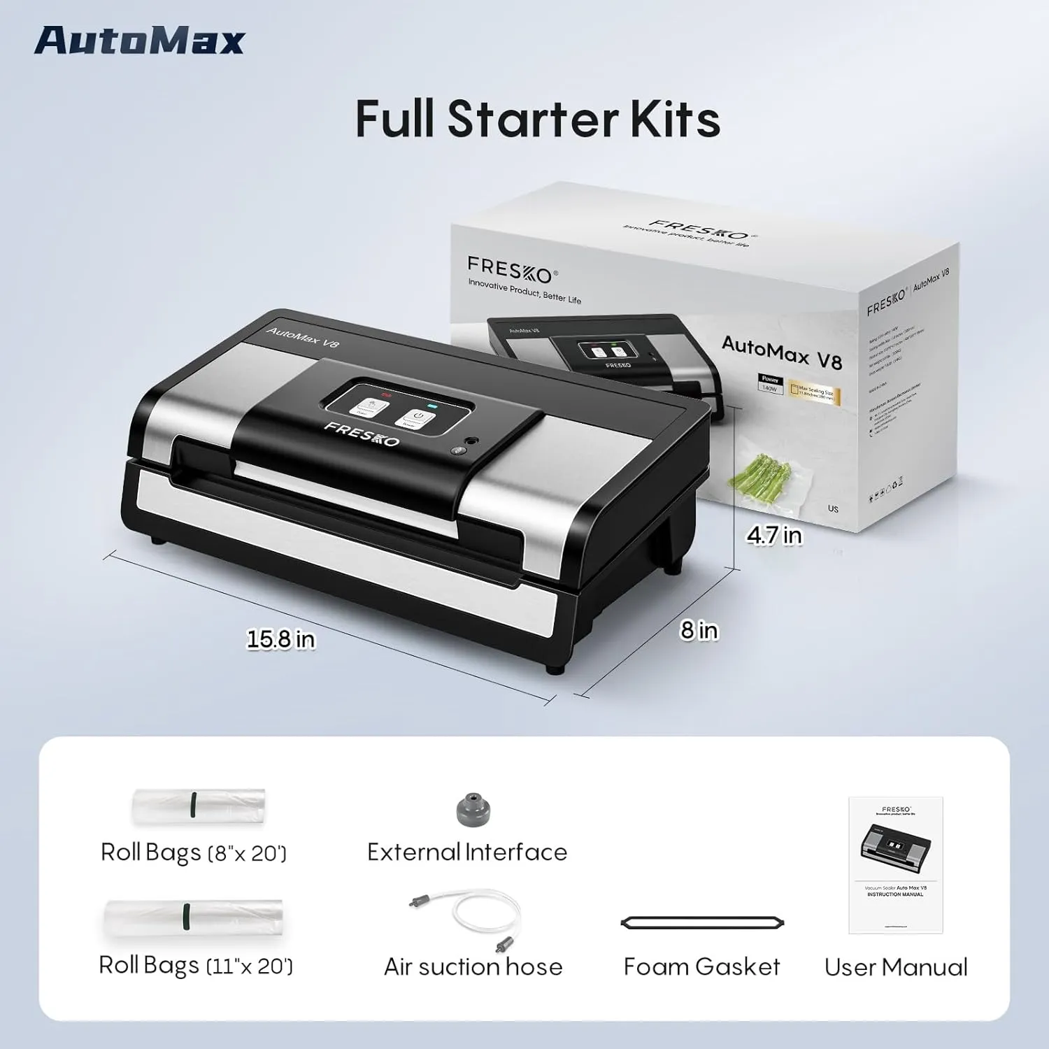 Fully Automatic Vacuum Sealer, 95Kpa Powerful Food Vacuum Sealer Machine, Auto Dry-Wet Detection | Bag Cutter | 2 Rolls Bags | Effortless Operation, Silver - Black