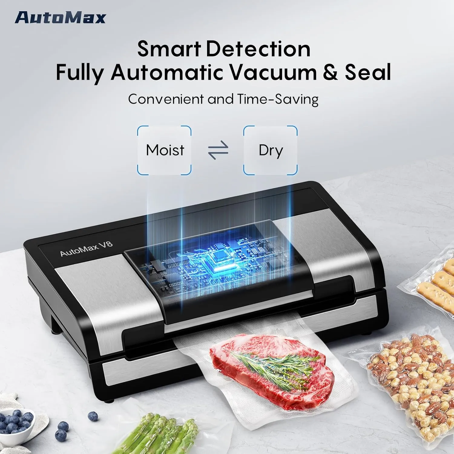 Fully Automatic Vacuum Sealer, 95Kpa Powerful Food Vacuum Sealer Machine, Auto Dry-Wet Detection | Bag Cutter | 2 Rolls Bags | Effortless Operation, Silver - Black