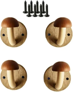 Fun Wooden Mushroom Coat Hook with Expansion Screws, Coloured Solid Wood Towel Hook Mushroom Wall Hook, Perforated Wall Hanger Hooks Set (Brown, Pack of 4)