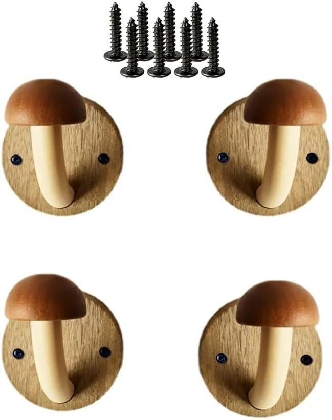 Fun Wooden Mushroom Coat Hook with Expansion Screws, Coloured Solid Wood Towel Hook Mushroom Wall Hook, Perforated Wall Hanger Hooks Set (Brown, Pack of 4)