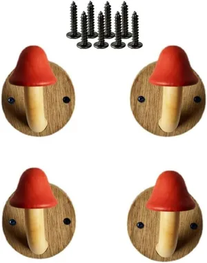 Fun Wooden Mushroom Coat Hook with Expansion Screws, Coloured Solid Wood Towel Hook Mushroom Wall Hook, Perforated Wall Hanger Hooks Set (Red, Pack of 4)