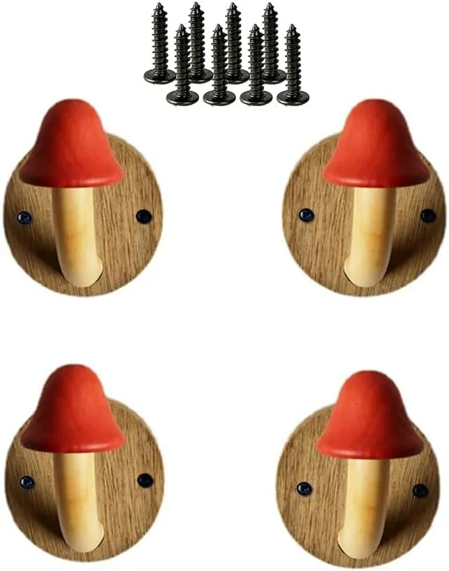 Fun Wooden Mushroom Coat Hook with Expansion Screws, Coloured Solid Wood Towel Hook Mushroom Wall Hook, Perforated Wall Hanger Hooks Set (Red, Pack of 4)