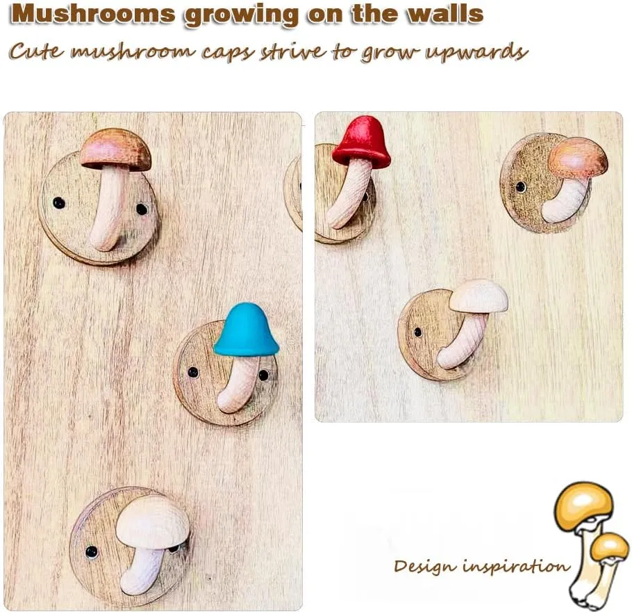 Fun Wooden Mushroom Coat Hook with Expansion Screws, Coloured Solid Wood Towel Hook Mushroom Wall Hook, Perforated Wall Hanger Hooks Set (Red, Pack of 4)