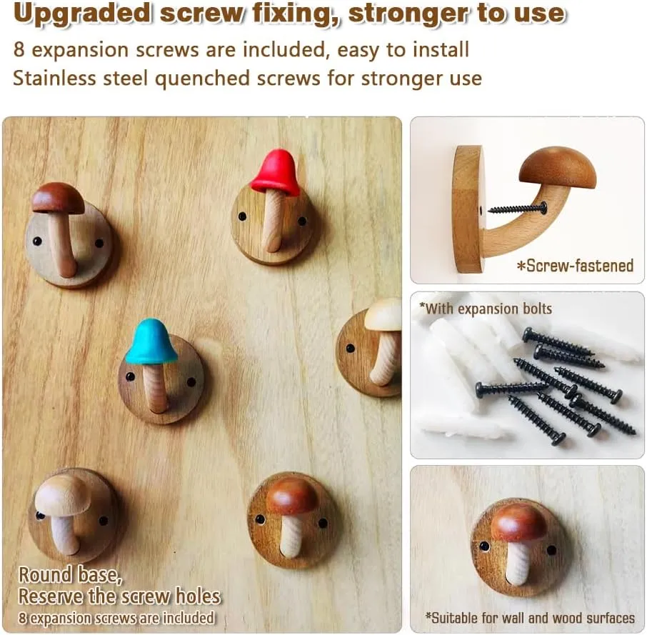 Fun Wooden Mushroom Coat Hook with Expansion Screws, Coloured Solid Wood Towel Hook Mushroom Wall Hook, Perforated Wall Hanger Hooks Set (Red, Pack of 4)