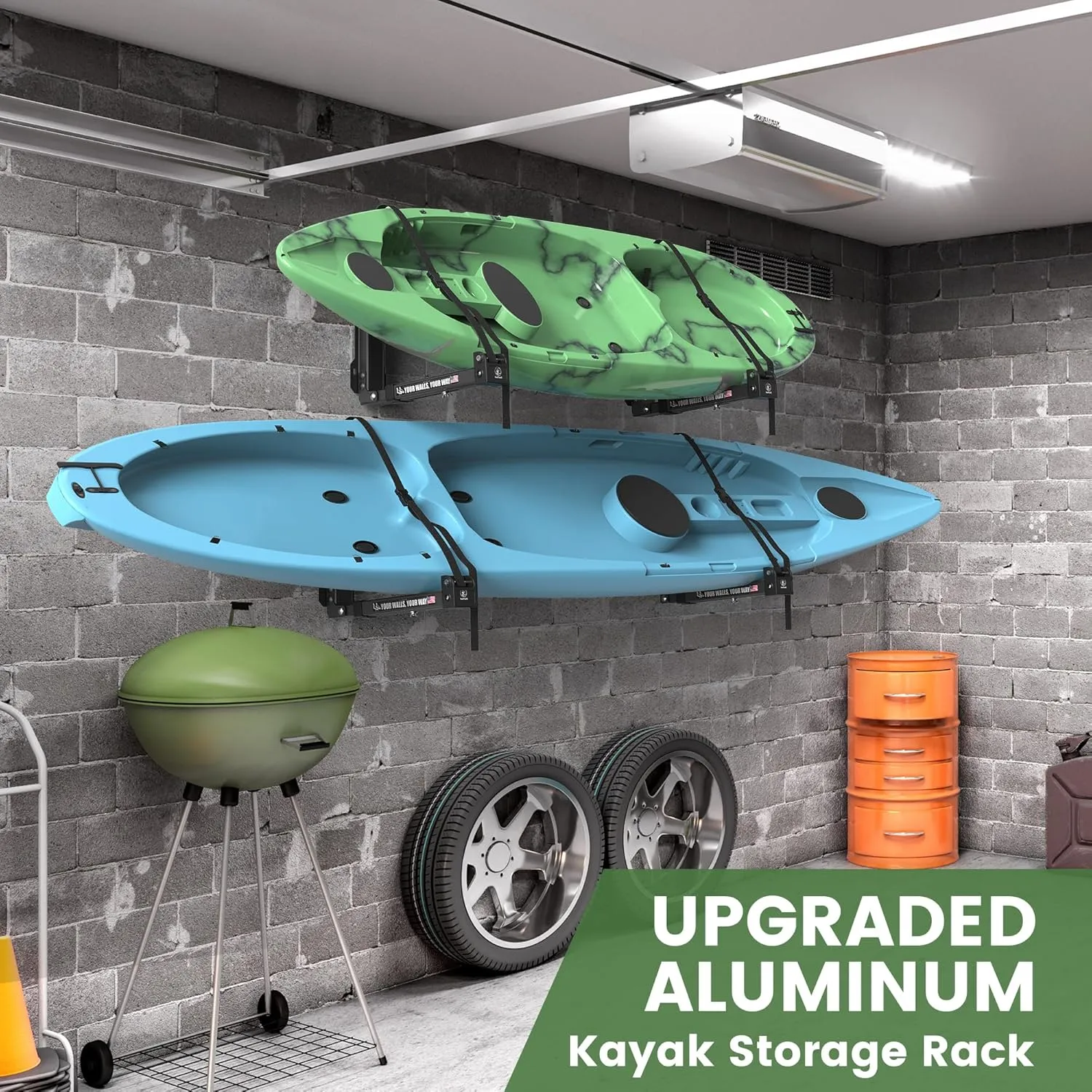GanFindX Foldable Kayak Wall Rack | Heavy-Duty 9.5-13.8" Kayak Storage Rack Hanger & Plastic Buckle Straps, Indoor/Outdoor Cradles for Canoe, Kayak, Paddle Board, Surfboard, Snowboard