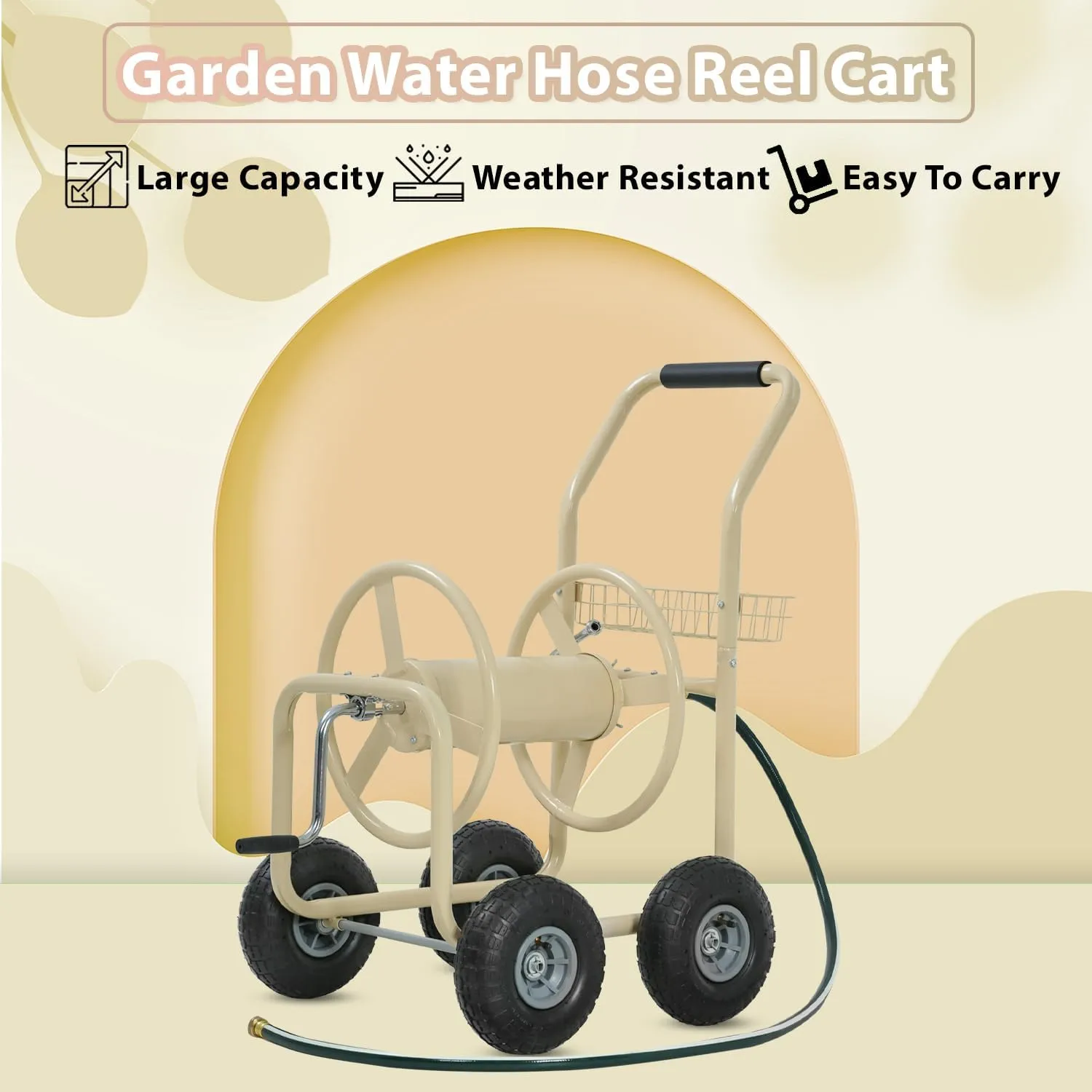 Garden Hose Reel Cart with Wheels Garden Lawn Water Truck Water Planting Cart Heavy Duty Outdoor Yard Water Planting Holds 300-Feet of 5/8-Inch Hose with Storage Basket, Tan