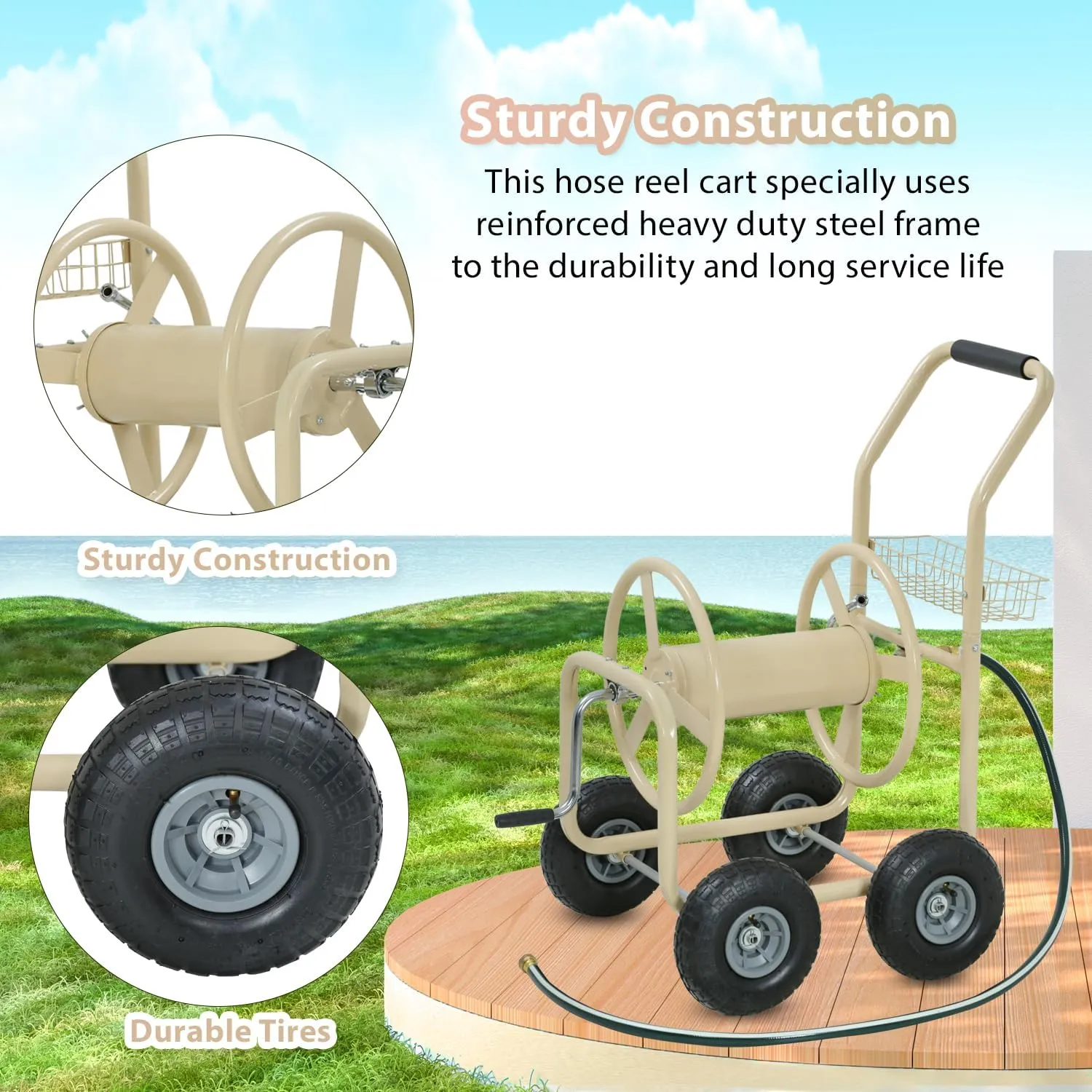 Garden Hose Reel Cart with Wheels Garden Lawn Water Truck Water Planting Cart Heavy Duty Outdoor Yard Water Planting Holds 300-Feet of 5/8-Inch Hose with Storage Basket, Tan