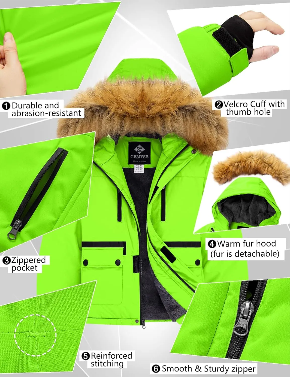 GEMYSE Boy's Winter Waterproof Ski Snow Jacket Hooded Fleece Windproof Jacket