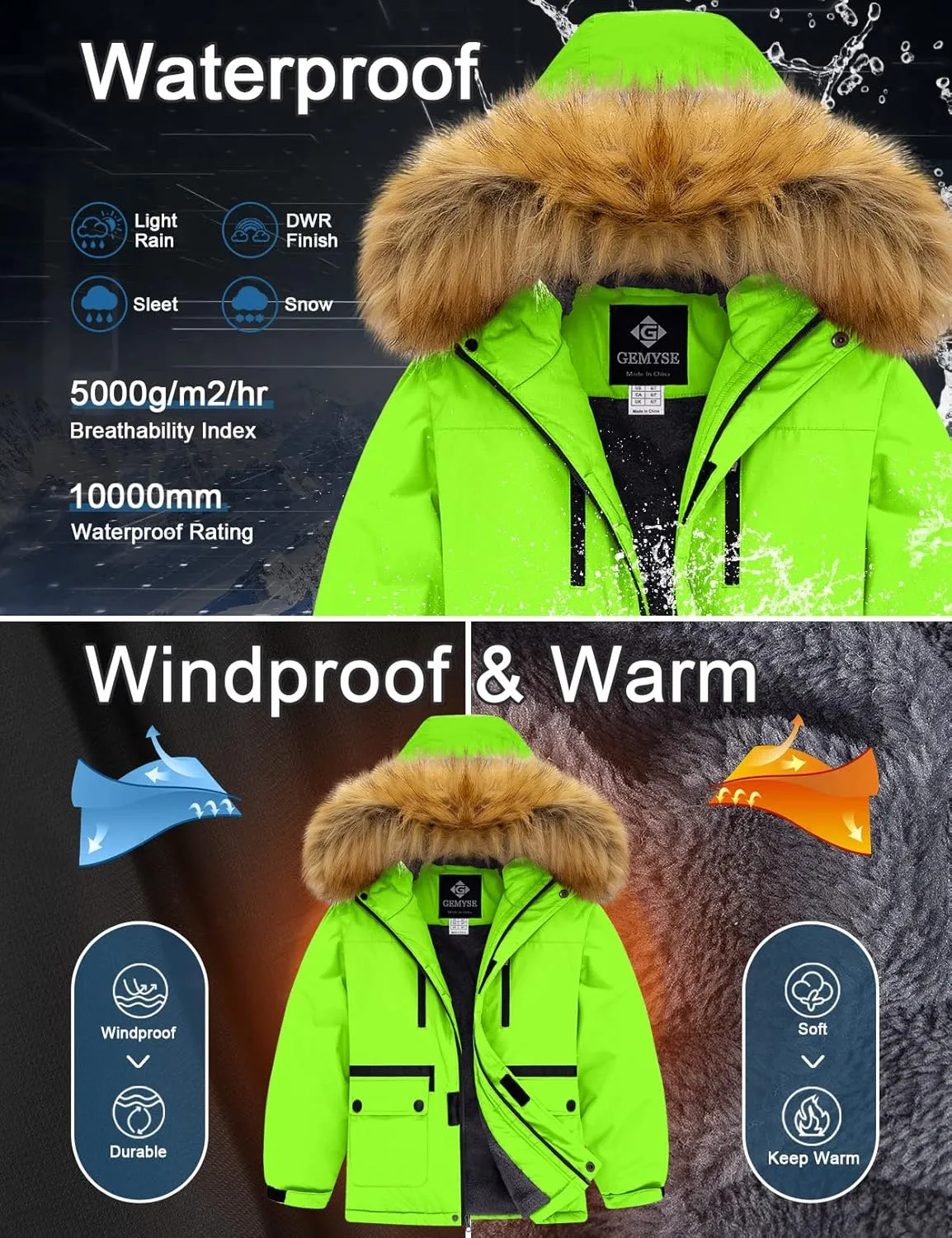 GEMYSE Boy's Winter Waterproof Ski Snow Jacket Hooded Fleece Windproof Jacket