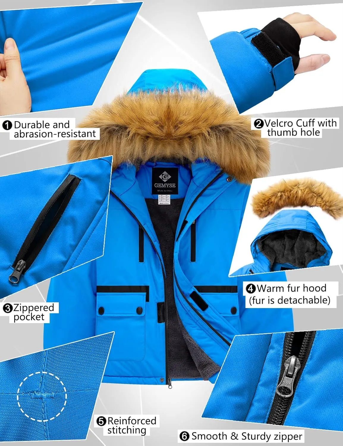 GEMYSE Boy's Winter Waterproof Ski Snow Jacket Hooded Fleece Windproof Jacket