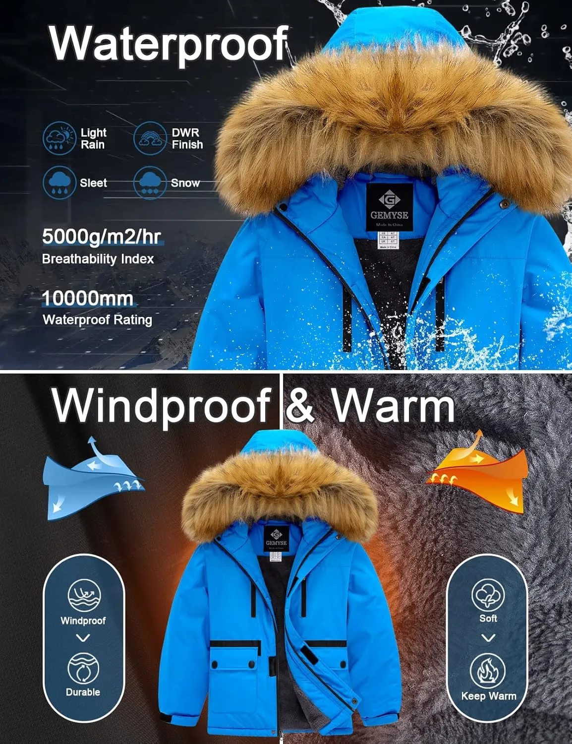 GEMYSE Boy's Winter Waterproof Ski Snow Jacket Hooded Fleece Windproof Jacket