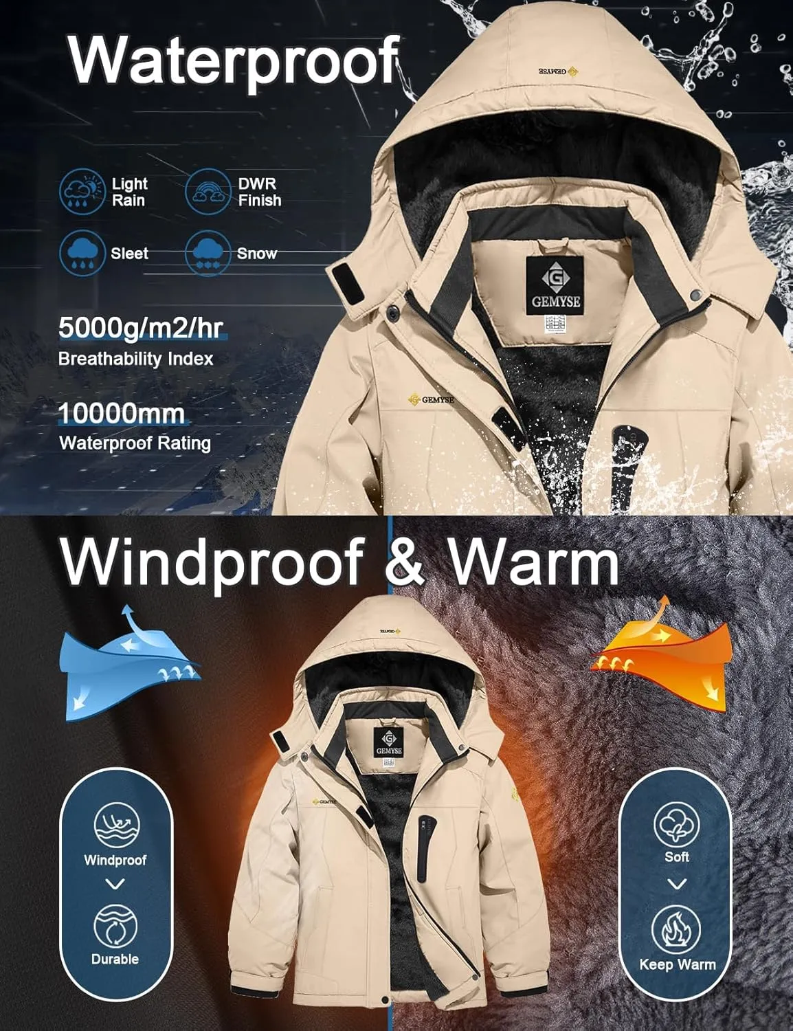 GEMYSE Girl's Waterproof Ski Snow Jacket Hooded Fleece Lined Windproof Winter Jacket