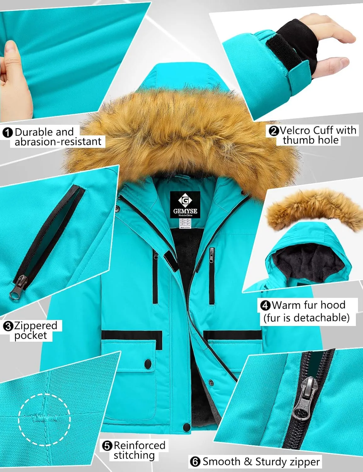 GEMYSE Girl's Winter Waterproof Ski Snow Jacket Fleece Windproof Jacket with Hood