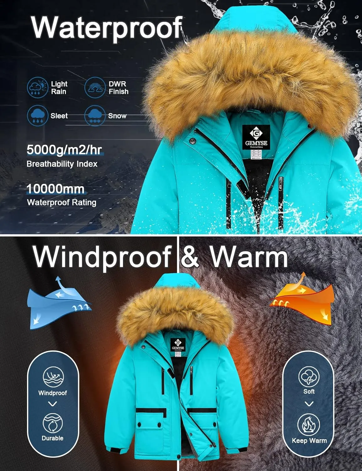 GEMYSE Girl's Winter Waterproof Ski Snow Jacket Fleece Windproof Jacket with Hood