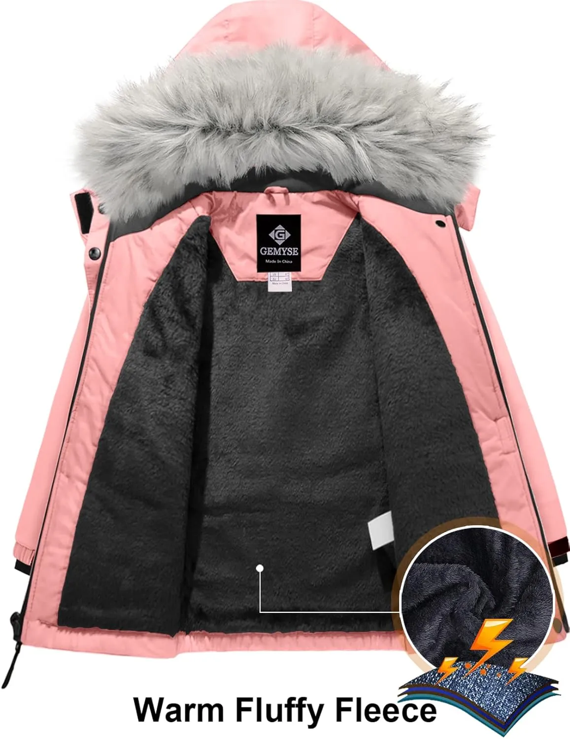 GEMYSE Girl's Winter Waterproof Ski Snow Jacket Hooded Fleece Lined Windproof Coat