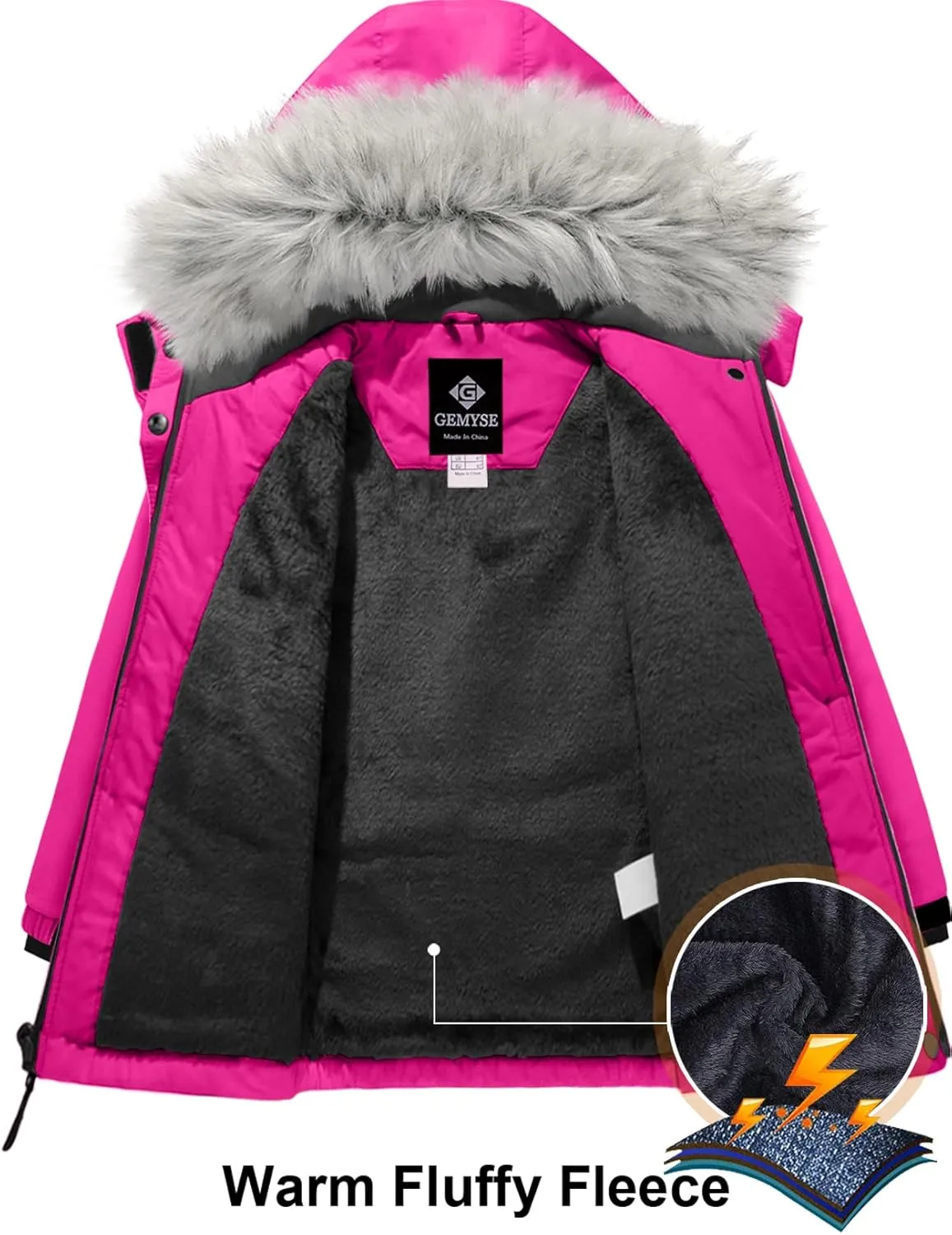 GEMYSE Girl's Winter Waterproof Ski Snow Jacket Hooded Fleece Lined Windproof Coat