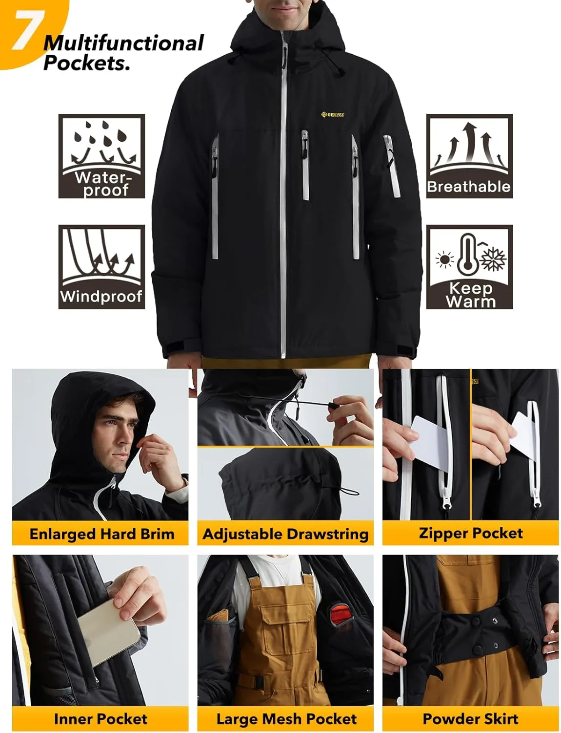 GEMYSE Men's Ski Jacket Warm Winter Snow Coat Waterproof Mountain Windbreaker Jacket for Snowboarding Hiking