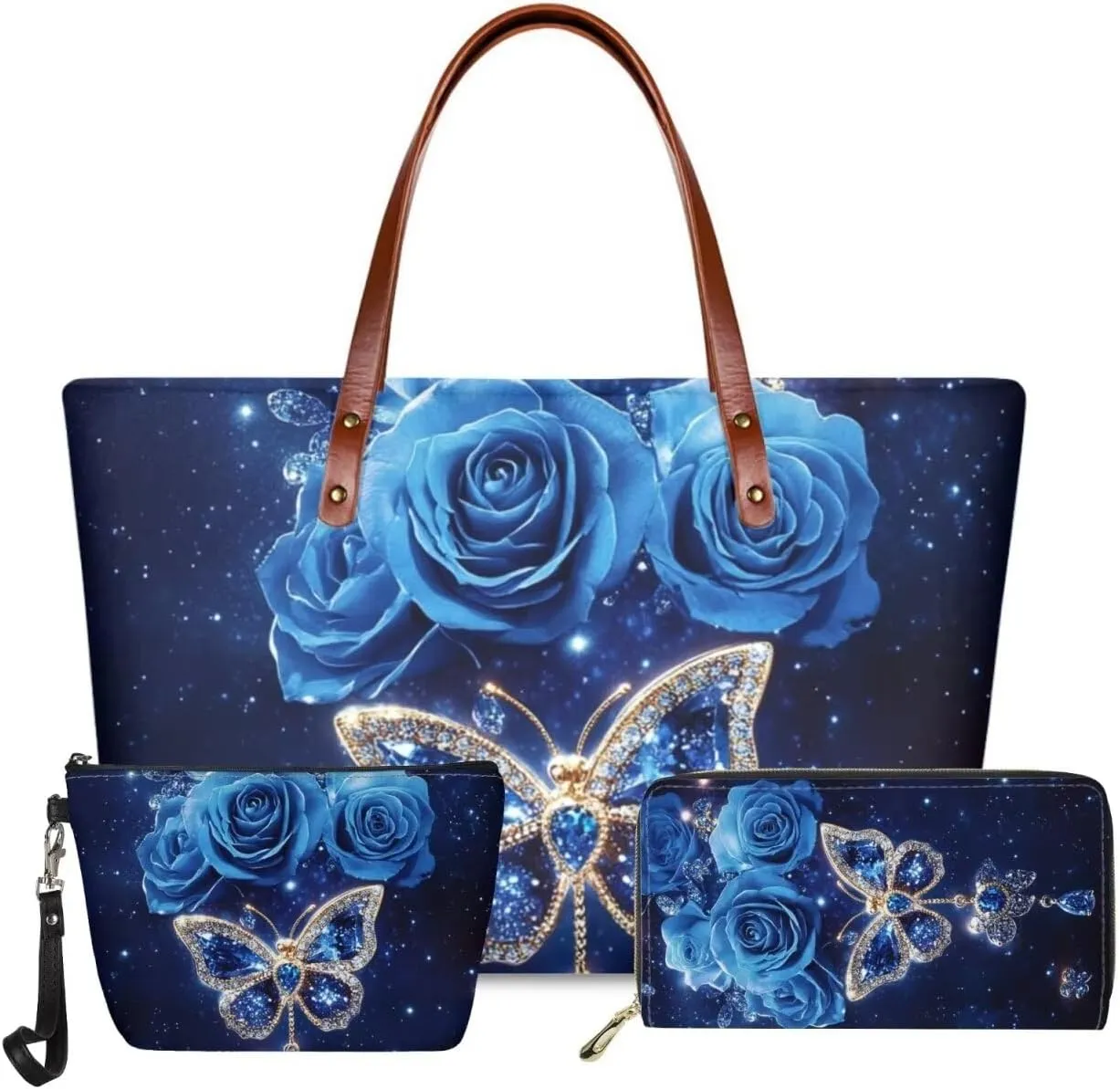 GIFTPUZZ Women Top Handle Bags Handbags with Zipper Leather Wallet Cash Card Phone Holder and Makeup Bag Set 3pcs