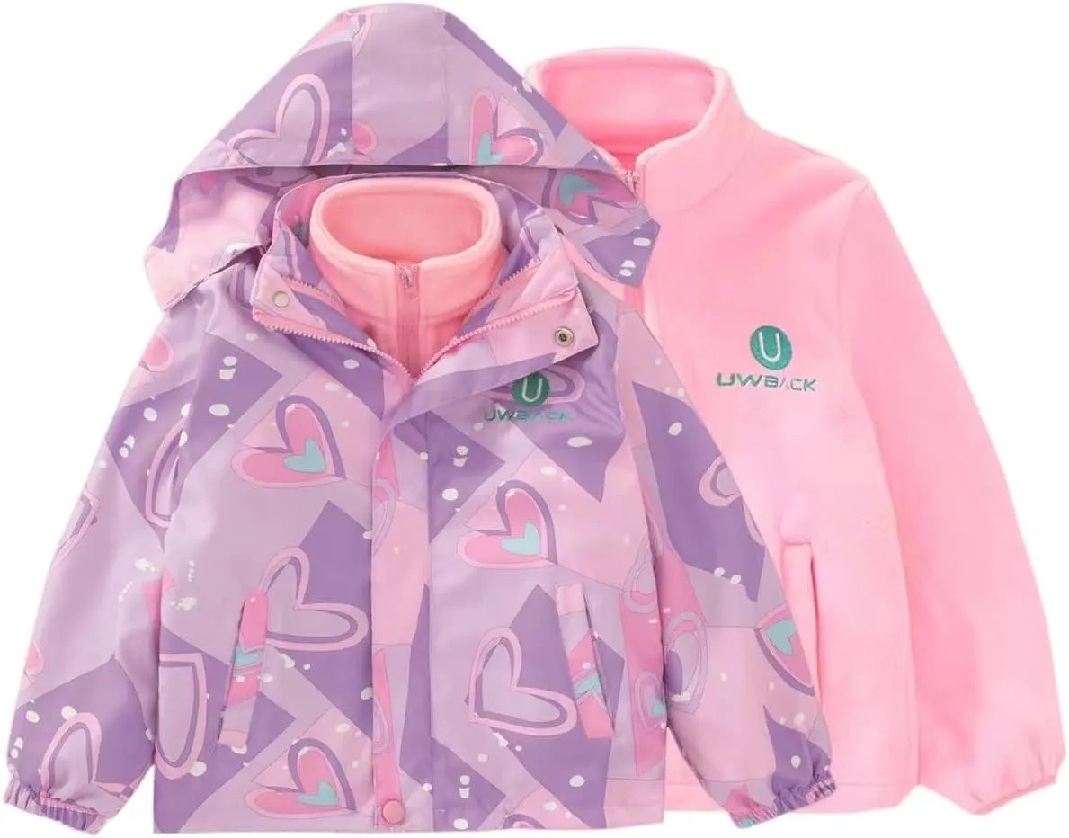 Girls Jacket 3 In 1 Detachable Liner Fleece Windproof Waterproof Lightweigt Coat With Hood