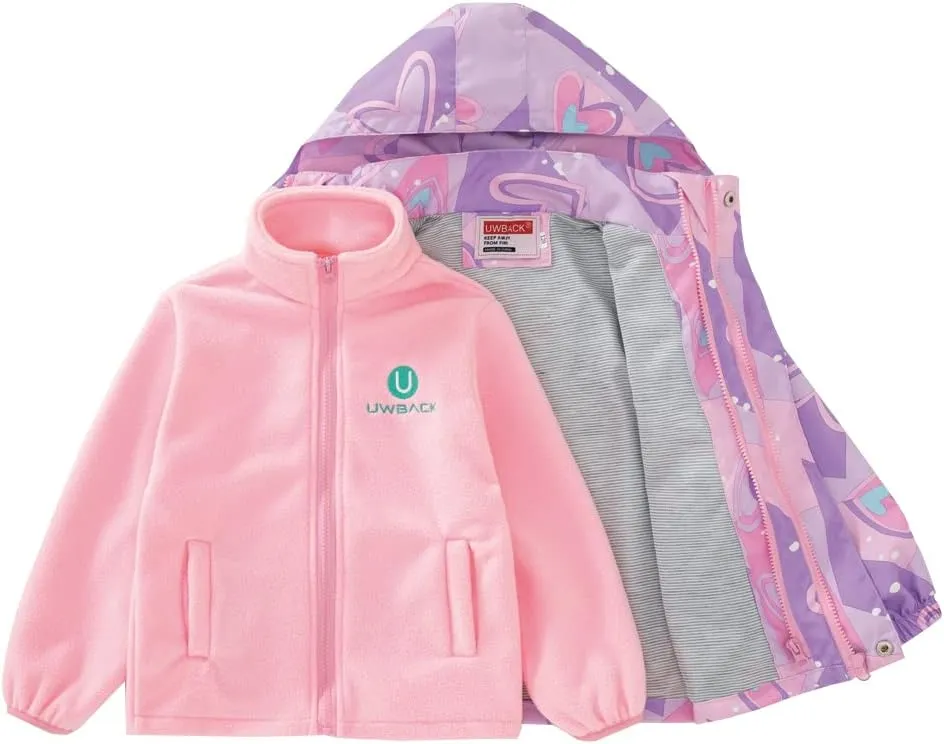 Girls Jacket 3 In 1 Detachable Liner Fleece Windproof Waterproof Lightweigt Coat With Hood