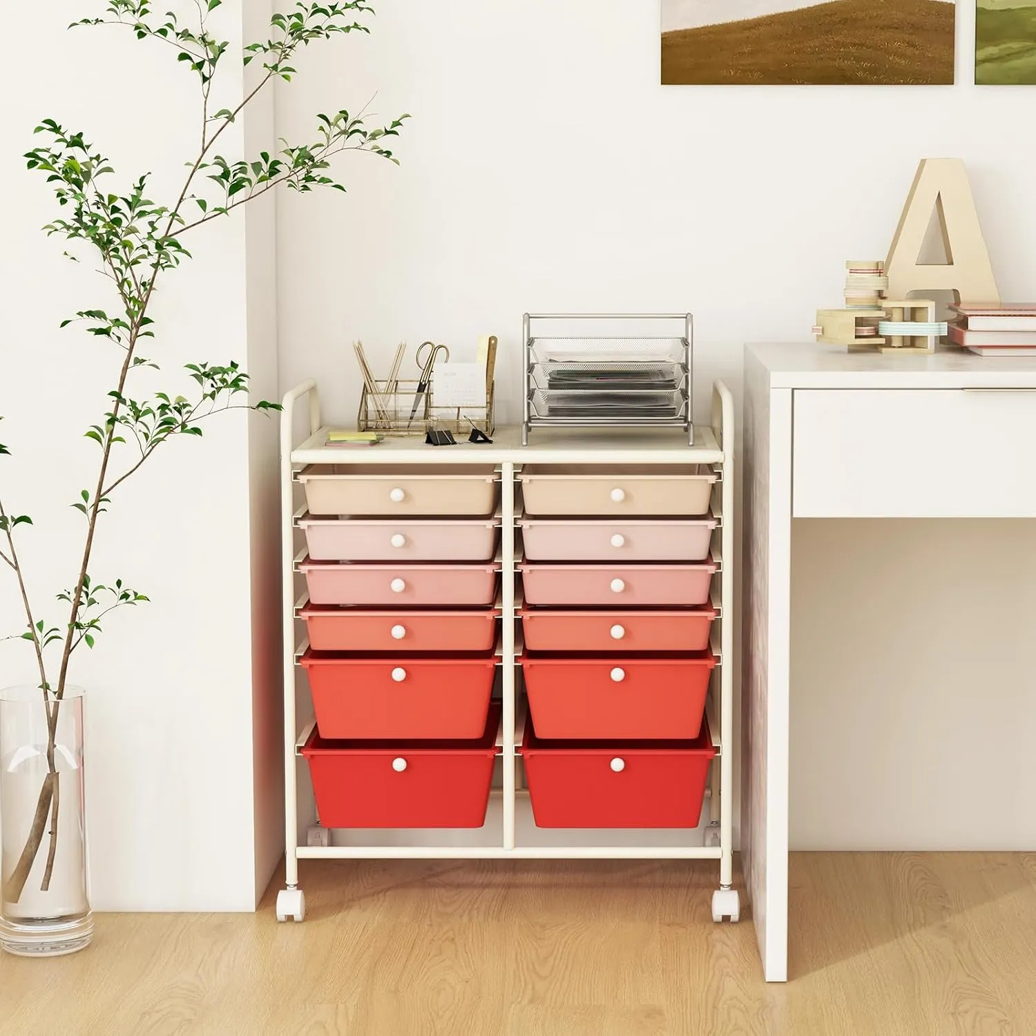GOFLAME 12-Drawer Rolling Storage Cart, Multipurpose Organizer Cart with 2 Sizes Plastic Drawers, Mobile Utility Cart with Lockable Casters for School, Home Office, Beauty Salon, Gradient Pink