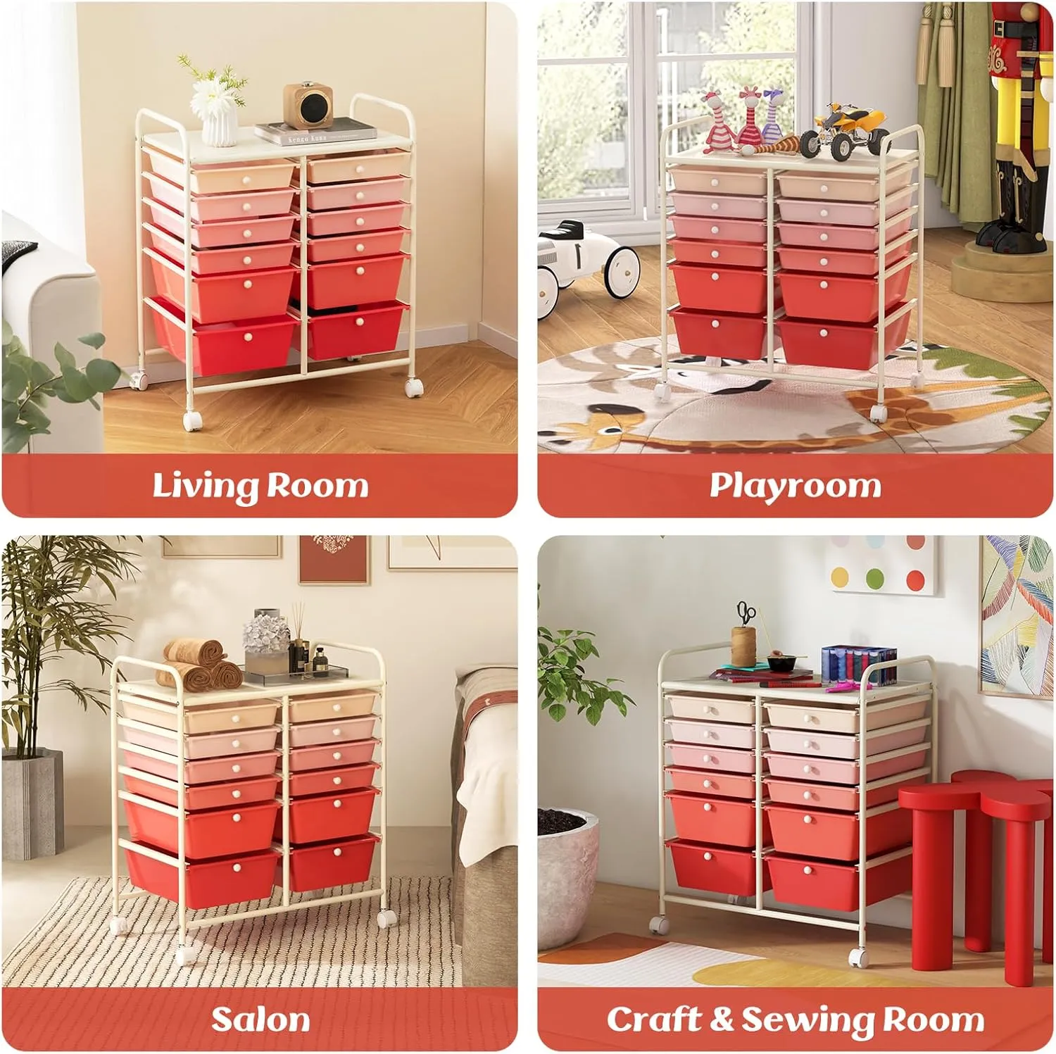GOFLAME 12-Drawer Rolling Storage Cart, Multipurpose Organizer Cart with 2 Sizes Plastic Drawers, Mobile Utility Cart with Lockable Casters for School, Home Office, Beauty Salon, Gradient Pink