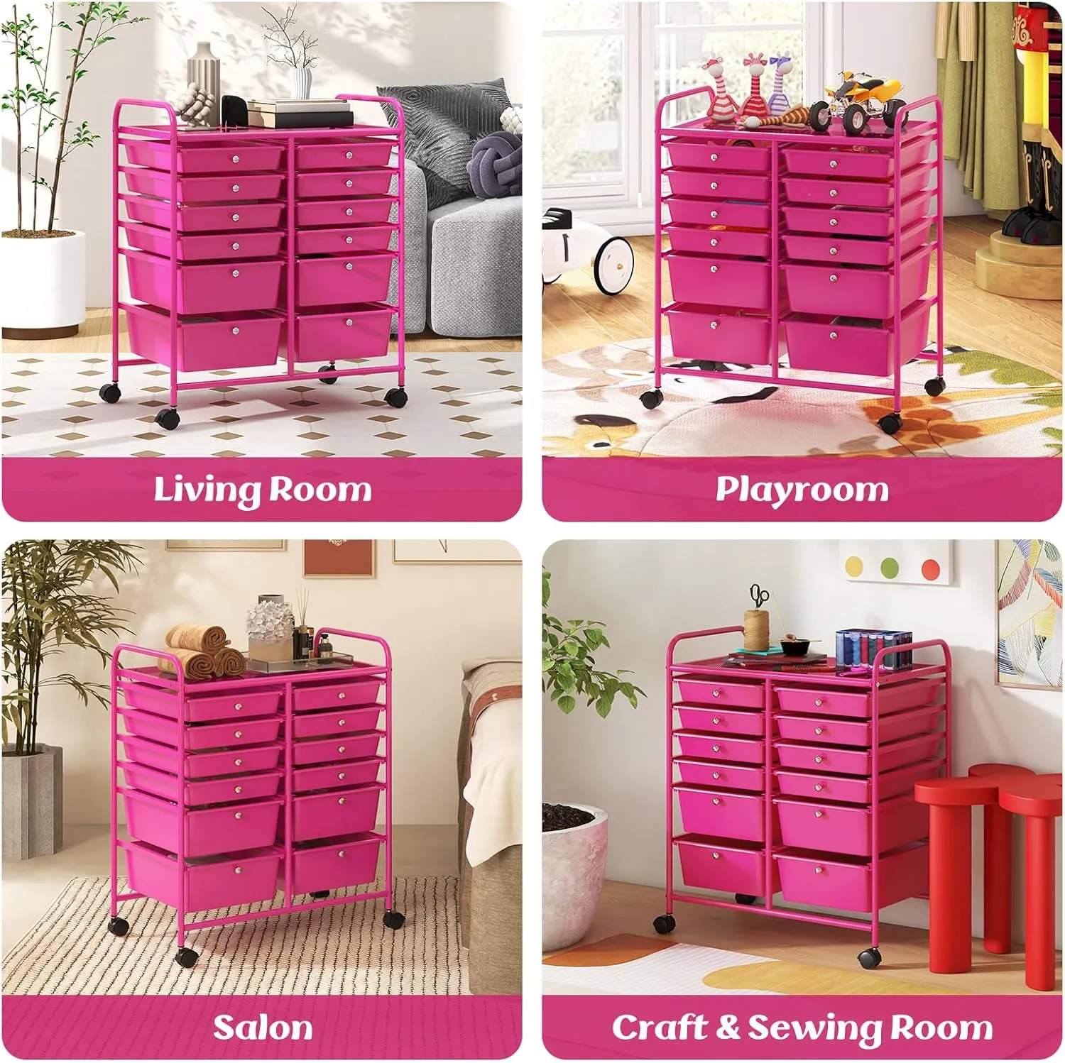 GOFLAME 12-Drawer Rolling Storage Cart, Multipurpose Organizer Cart with 2 Sizes Plastic Drawers, Mobile Utility Cart with Lockable Casters for School, Home Office, Beauty Salon, Hot Pink