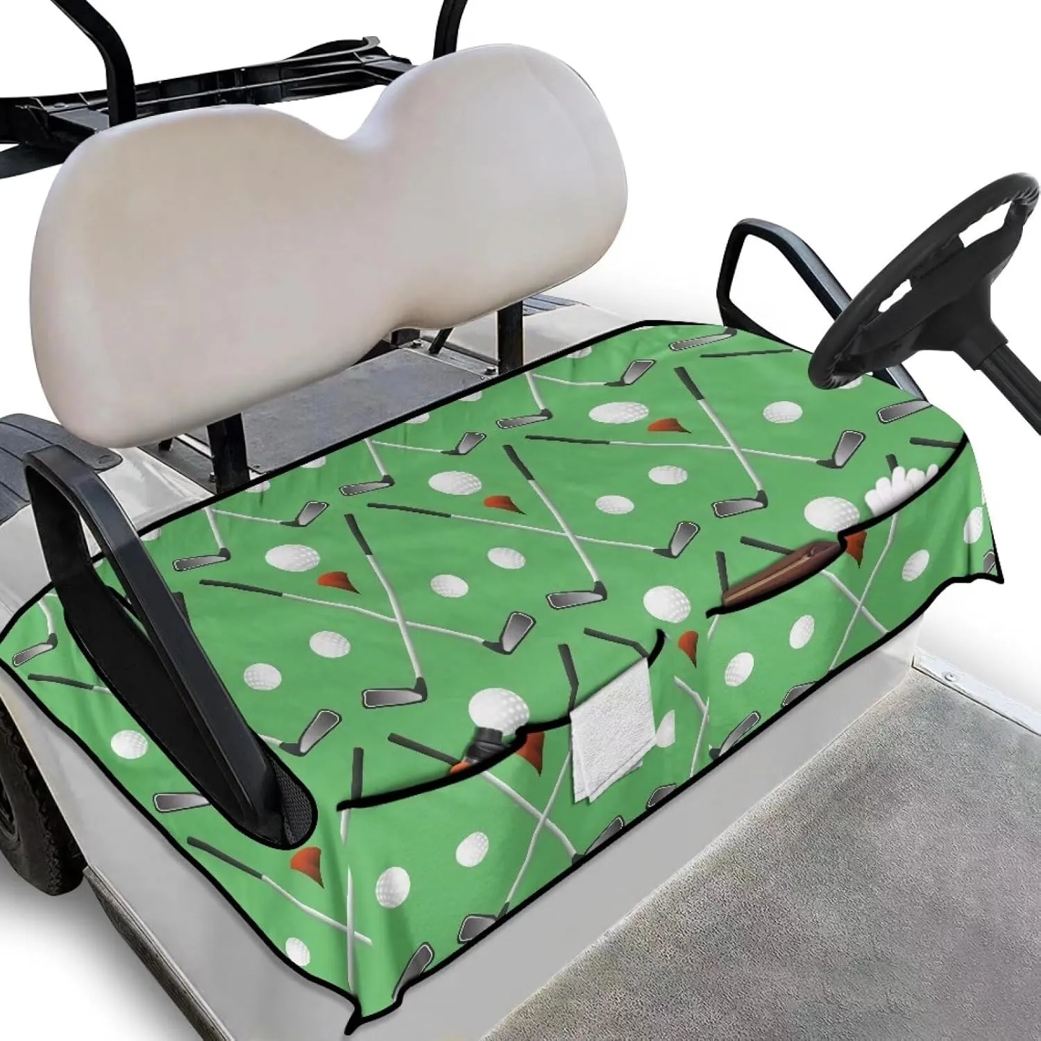 Golf Ball Print Golf Cart Seat Cover Anti-Scratch Non-Slip Golf Cart Seat Towel Blanket with 4 Front Pockets Heat Resistance Universal for Most Golf Cart
