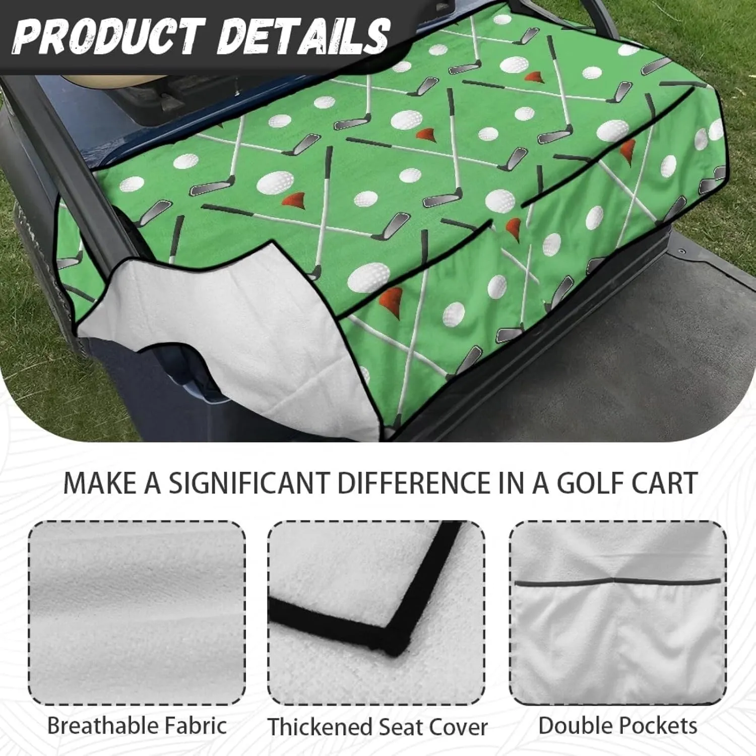 Golf Ball Print Golf Cart Seat Cover Anti-Scratch Non-Slip Golf Cart Seat Towel Blanket with 4 Front Pockets Heat Resistance Universal for Most Golf Cart