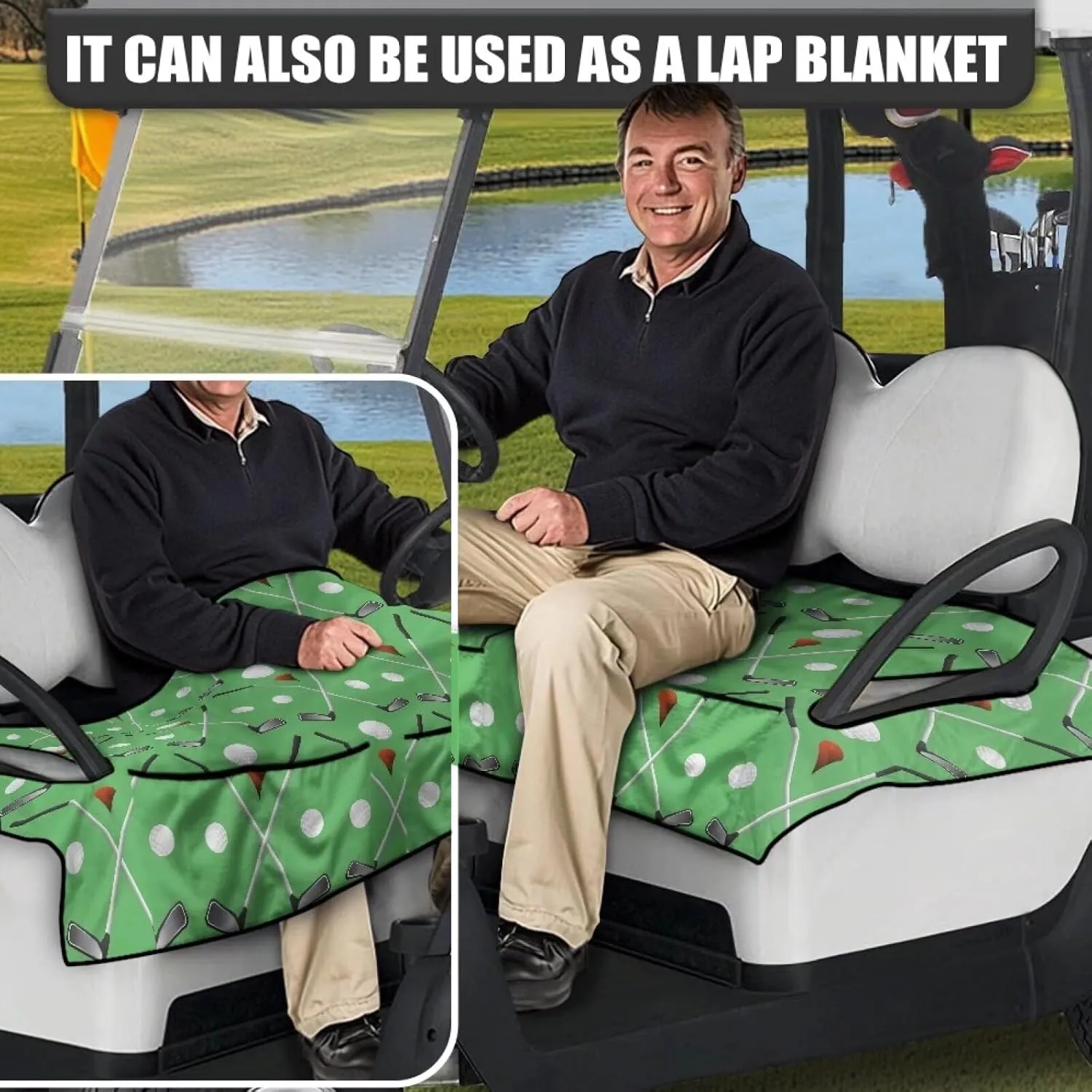 Golf Ball Print Golf Cart Seat Cover Anti-Scratch Non-Slip Golf Cart Seat Towel Blanket with 4 Front Pockets Heat Resistance Universal for Most Golf Cart