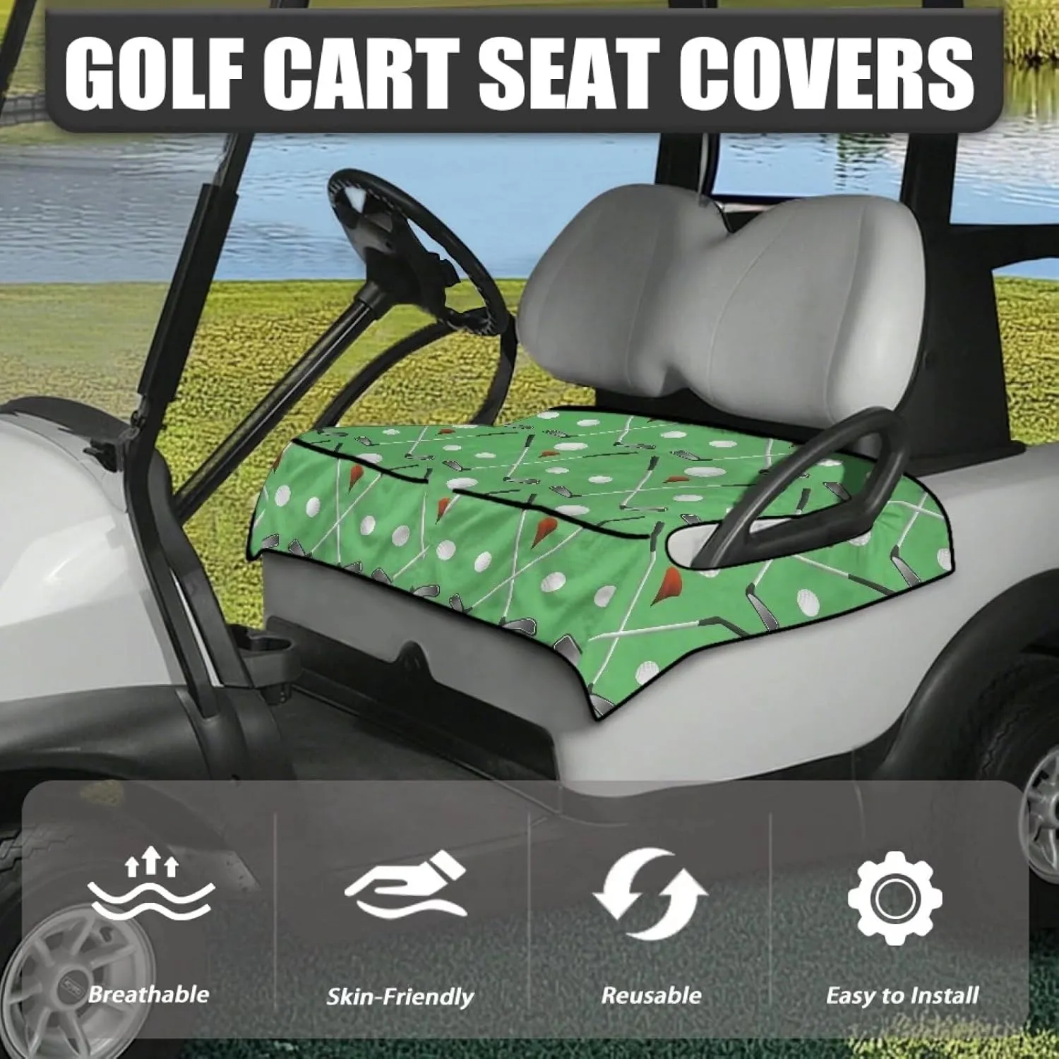 Golf Ball Print Golf Cart Seat Cover Anti-Scratch Non-Slip Golf Cart Seat Towel Blanket with 4 Front Pockets Heat Resistance Universal for Most Golf Cart