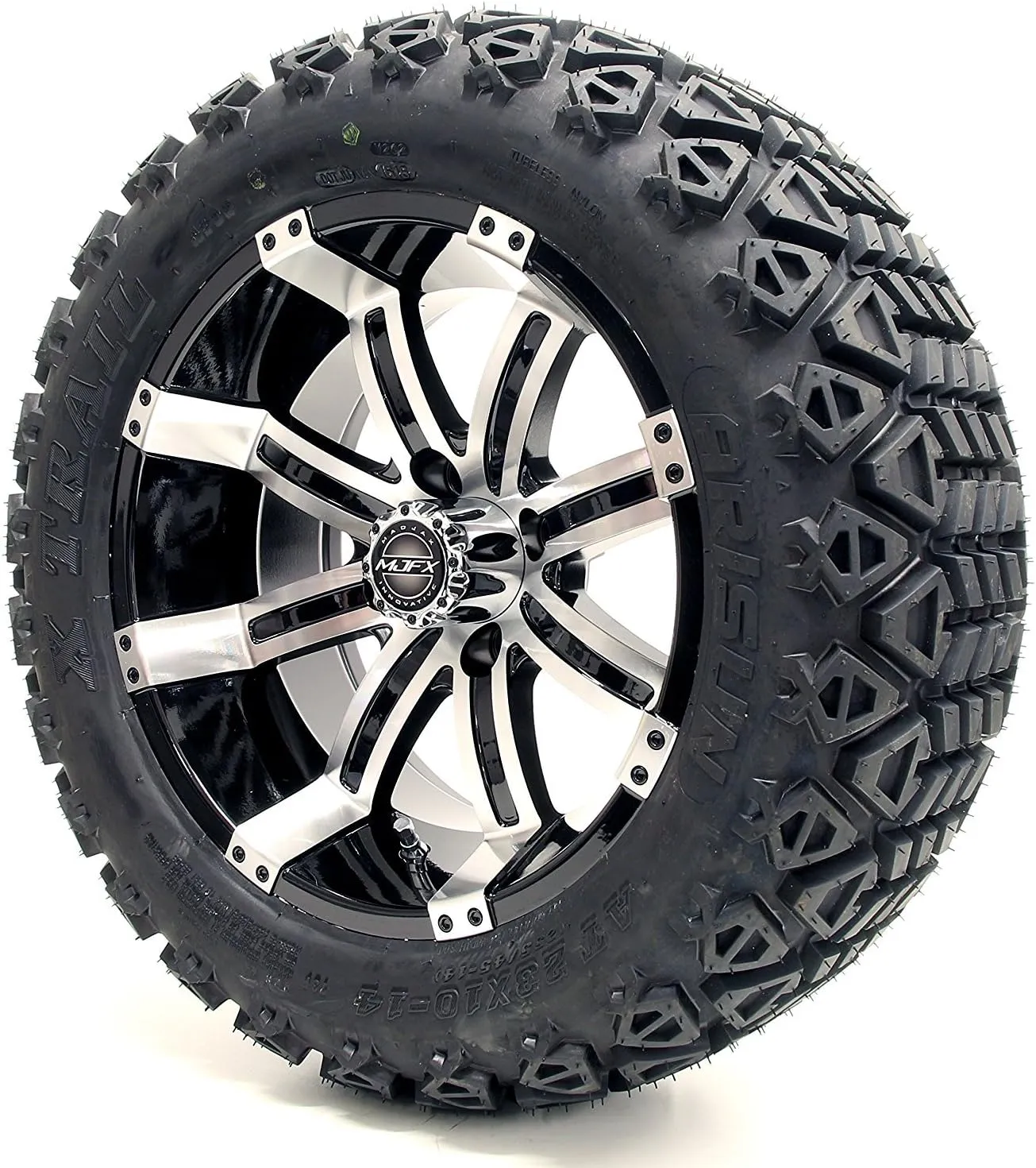 Golf Cart 14" Madjax 'Octane Machined and Black Wheel and 23 x 10-14 Golf Cart (4-PLY) X-Trail All Terrain Tire Combo- -  GTW Quality Lift Kit Option (23 x 10-14, Standard Lugs)