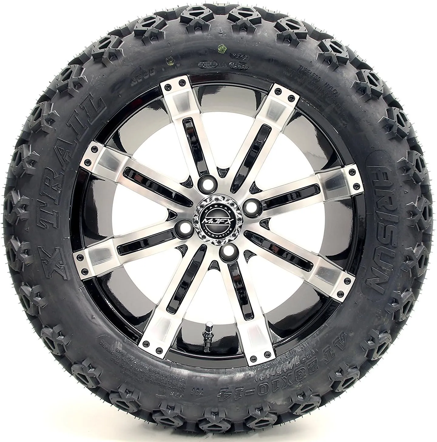 Golf Cart 14" Madjax 'Octane Machined and Black Wheel and 23 x 10-14 Golf Cart (4-PLY) X-Trail All Terrain Tire Combo- -  GTW Quality Lift Kit Option (23 x 10-14, Standard Lugs)