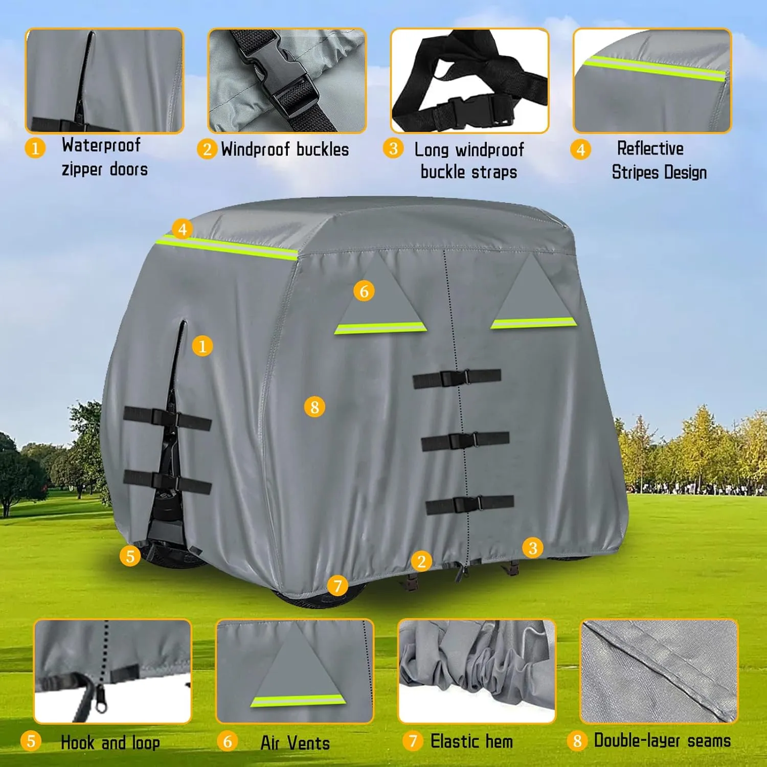 Golf Cart Cover 420D, Fit for Club Car, EZGO, Yamaha 2/2 2/4 Passenger Golf Cart, 3 Zipper Doors Windproof Sunproof Design (Gray, 112" L x 48" W x 66" H)