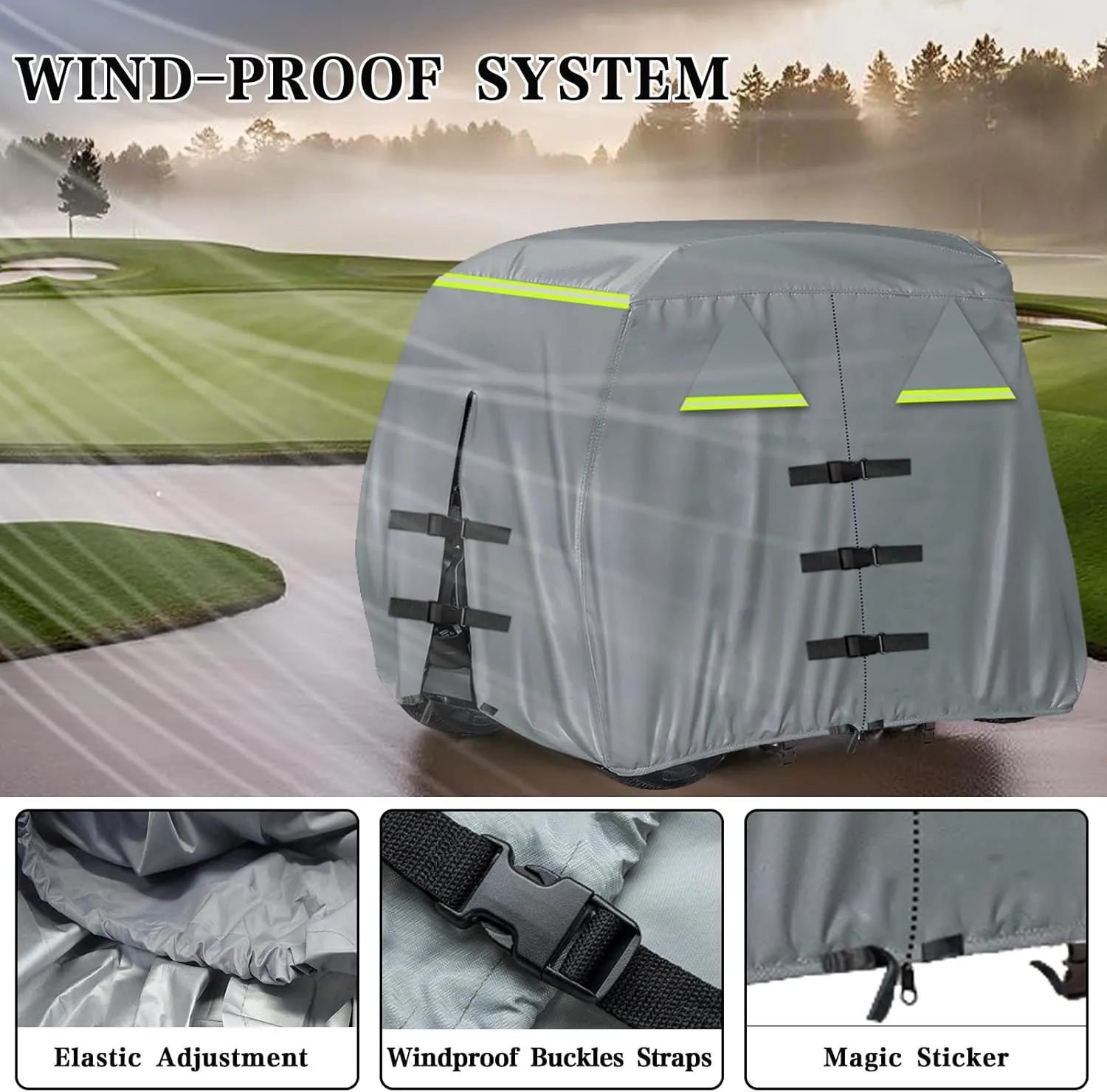 Golf Cart Cover 420D, Fit for Club Car, EZGO, Yamaha 2/2 2/4 Passenger Golf Cart, 3 Zipper Doors Windproof Sunproof Design (Gray, 112" L x 48" W x 66" H)