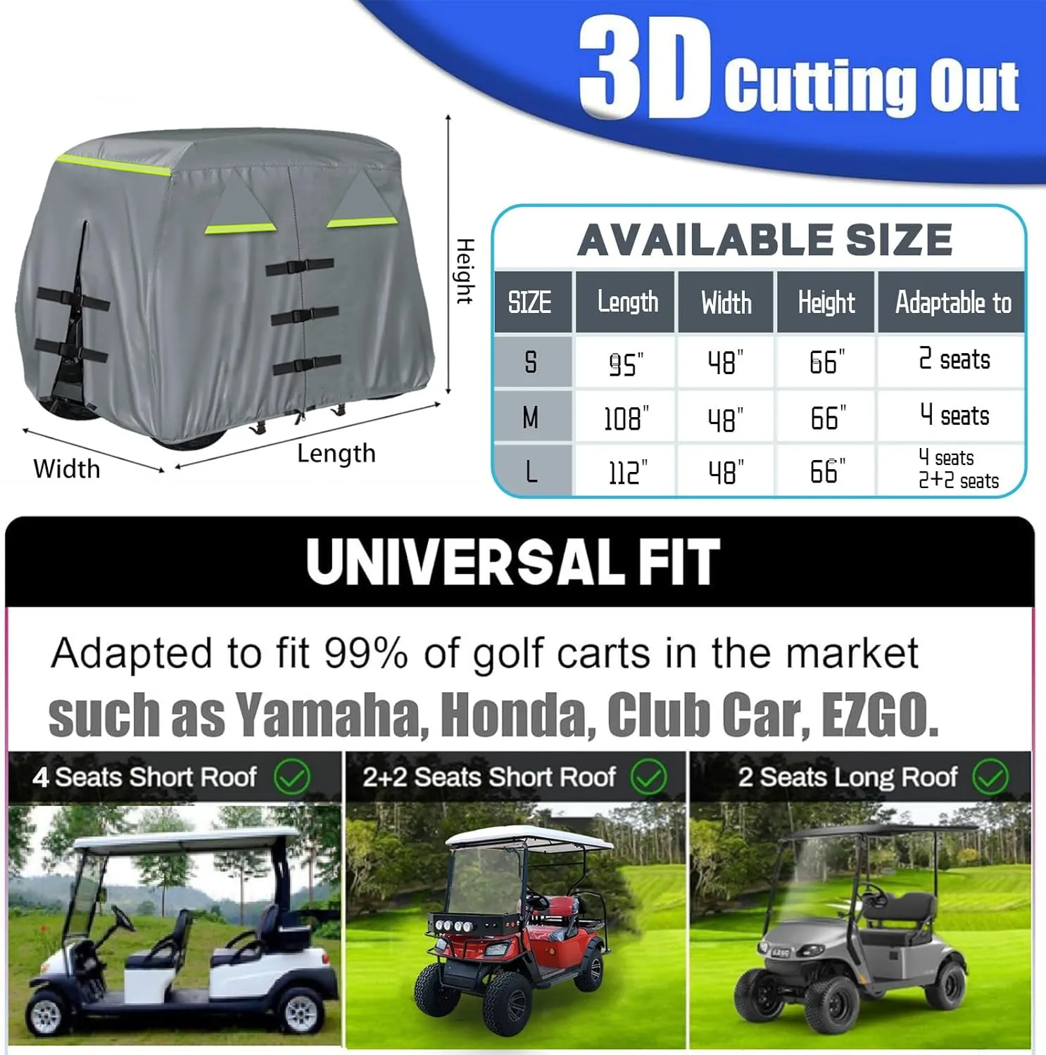 Golf Cart Cover 420D, Fit for Club Car, EZGO, Yamaha 2/2 2/4 Passenger Golf Cart, 3 Zipper Doors Windproof Sunproof Design (Gray, 112" L x 48" W x 66" H)