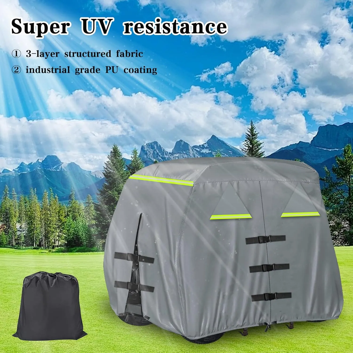 Golf Cart Cover 420D, Fit for Club Car, EZGO, Yamaha 2/2 2/4 Passenger Golf Cart, 3 Zipper Doors Windproof Sunproof Design (Gray, 112" L x 48" W x 66" H)