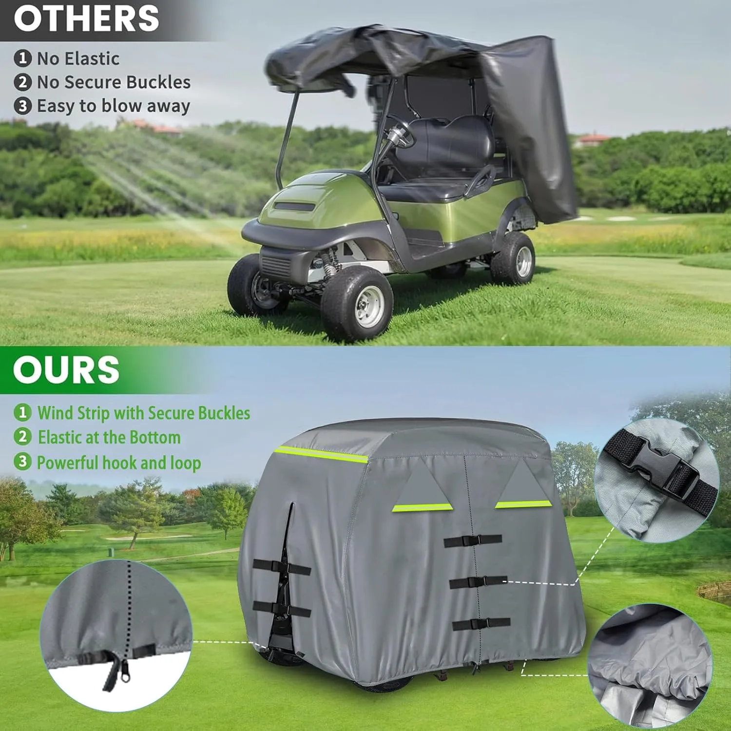 Golf Cart Cover 420D, Fit for Club Car, EZGO, Yamaha 2/2 2/4 Passenger Golf Cart, 3 Zipper Doors Windproof Sunproof Design (Gray, 112" L x 48" W x 66" H)