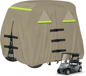 Golf Cart Cover 420D, Fit for Club Car, EZGO, Yamaha 2/2 2/4 Passenger Golf Cart, 3 Zipper Doors Windproof Sunproof Design (Khaki, 112" L x 48" W x 66" H)