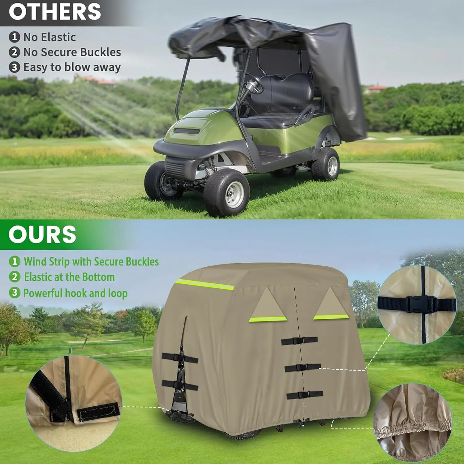 Golf Cart Cover 420D, Fit for Club Car, EZGO, Yamaha 2/2 2/4 Passenger Golf Cart, 3 Zipper Doors Windproof Sunproof Design (Khaki, 112" L x 48" W x 66" H)