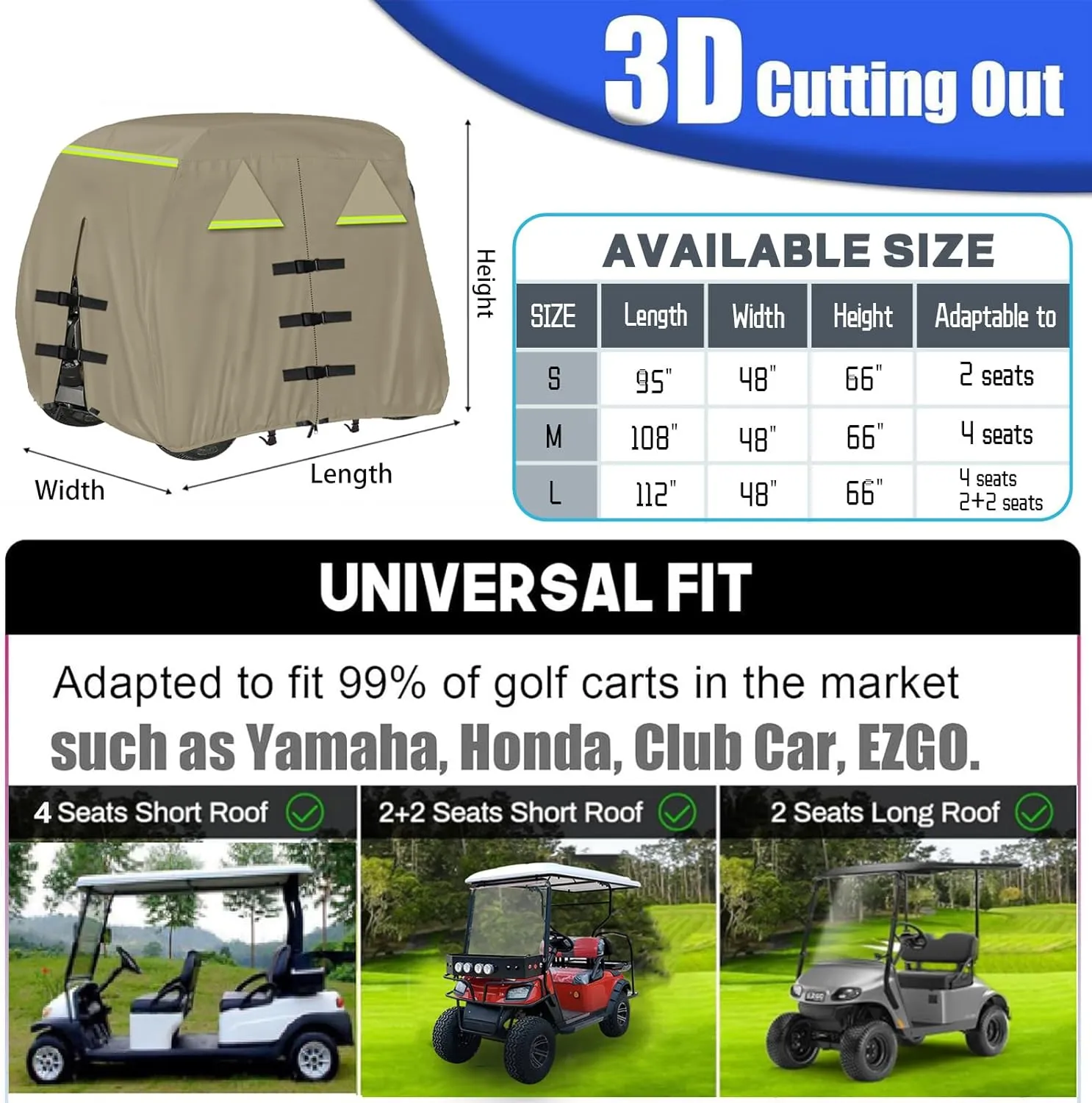 Golf Cart Cover 420D, Fit for Club Car, EZGO, Yamaha 2/2 2/4 Passenger Golf Cart, 3 Zipper Doors Windproof Sunproof Design (Khaki, 112" L x 48" W x 66" H)