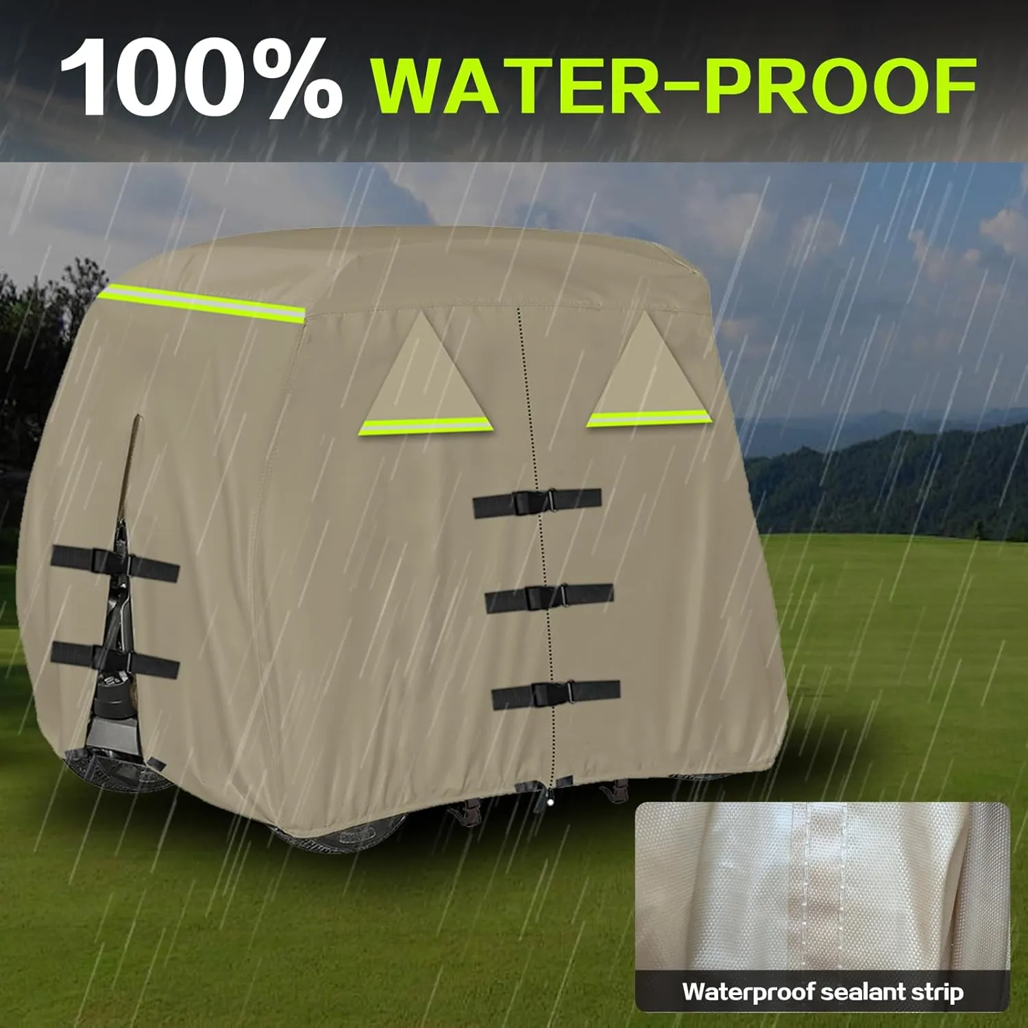 Golf Cart Cover 420D, Fit for Club Car, EZGO, Yamaha 2/2 2/4 Passenger Golf Cart, 3 Zipper Doors Windproof Sunproof Design (Khaki, 112" L x 48" W x 66" H)