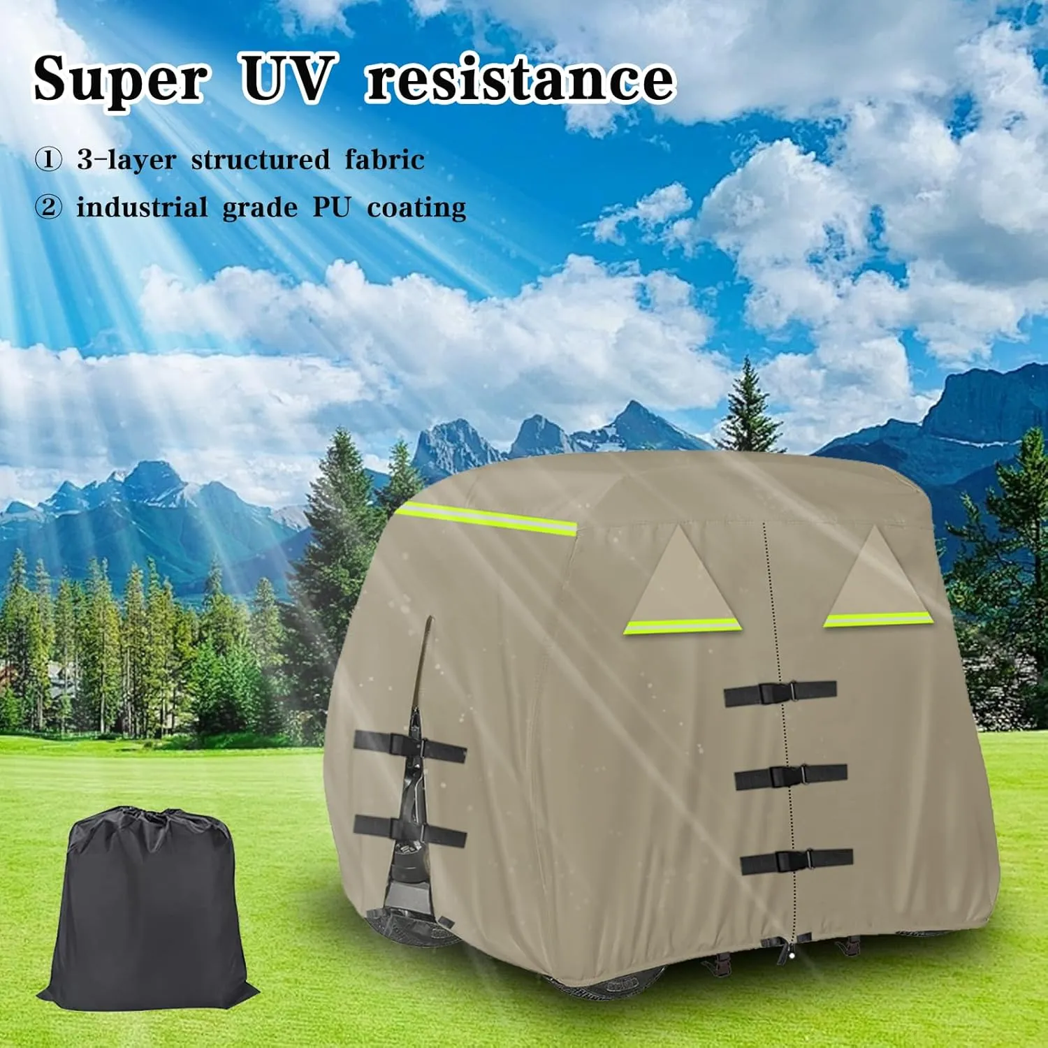 Golf Cart Cover 420D, Fit for Club Car, EZGO, Yamaha 2/2 2/4 Passenger Golf Cart, 3 Zipper Doors Windproof Sunproof Design (Khaki, 112" L x 48" W x 66" H)