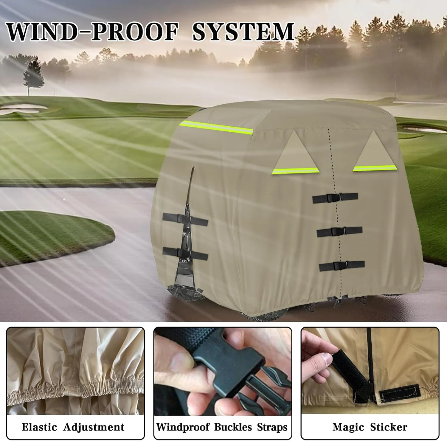Golf Cart Cover 420D, Fit for Club Car, EZGO, Yamaha 2/2 2/4 Passenger Golf Cart, 3 Zipper Doors Windproof Sunproof Design (Khaki, 112" L x 48" W x 66" H)
