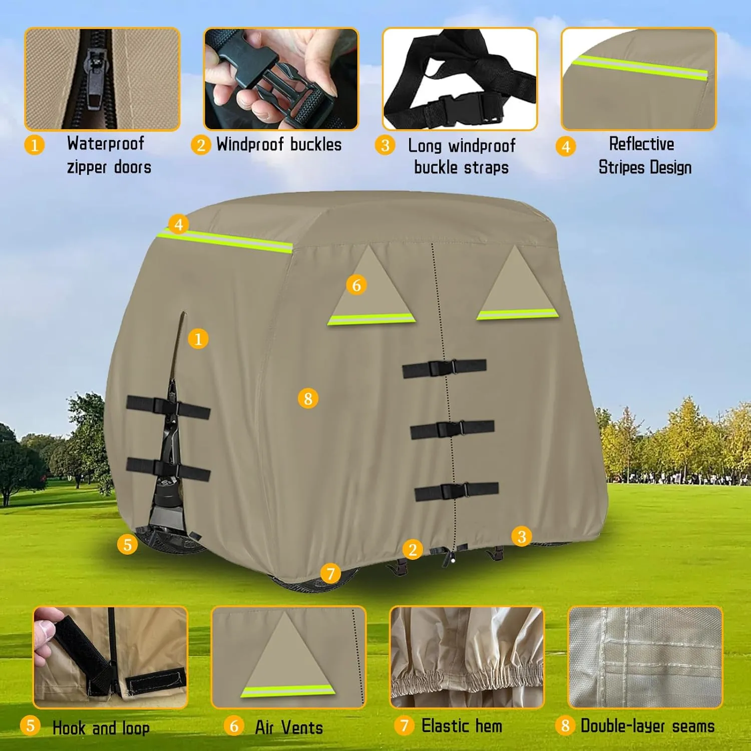 Golf Cart Cover 420D, Fit for Club Car, EZGO, Yamaha 2/2 2/4 Passenger Golf Cart, 3 Zipper Doors Windproof Sunproof Design (Khaki, 112" L x 48" W x 66" H)