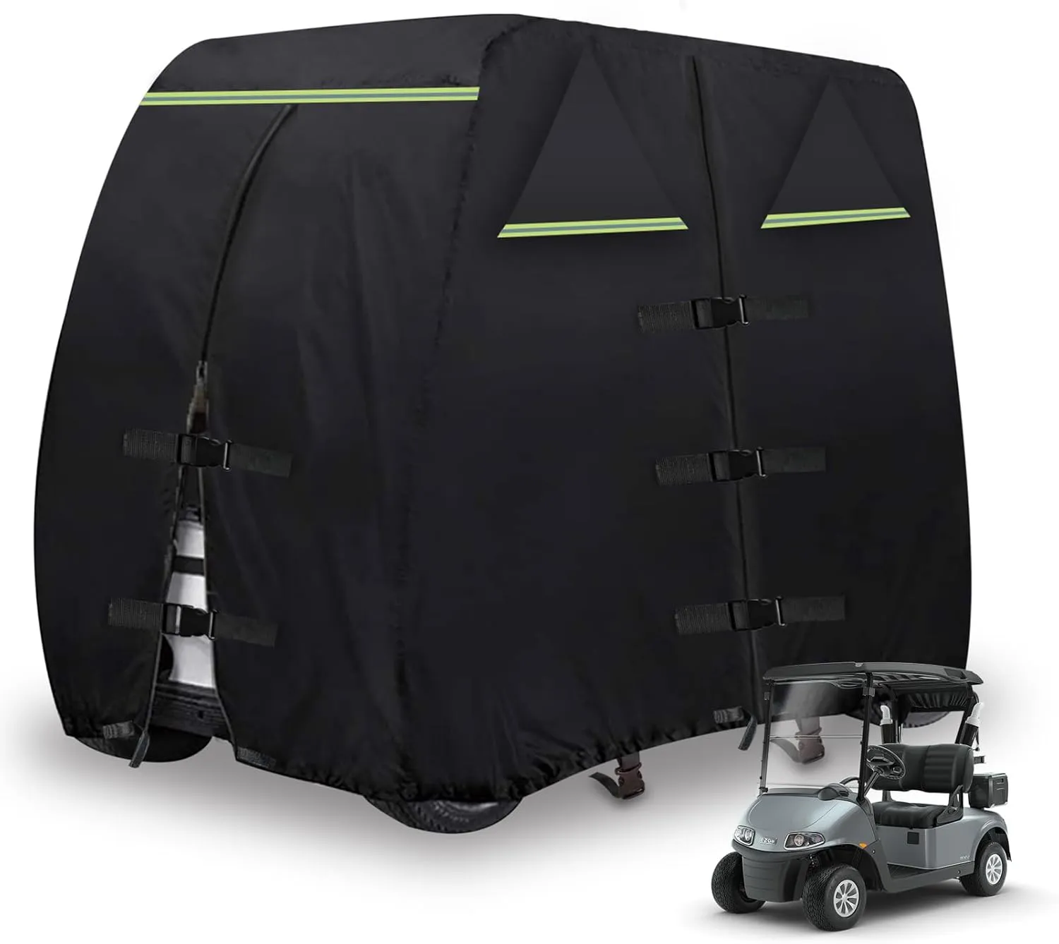 Golf Cart Cover 420D Outdoor 360° Windproof Design Compatible with EZGO Golf Cart 2/4 Passengers with 3 Zipper Doors Windproof Sunproof All-Weather Full Cover,Black (112" L x 48" W x 66" H)