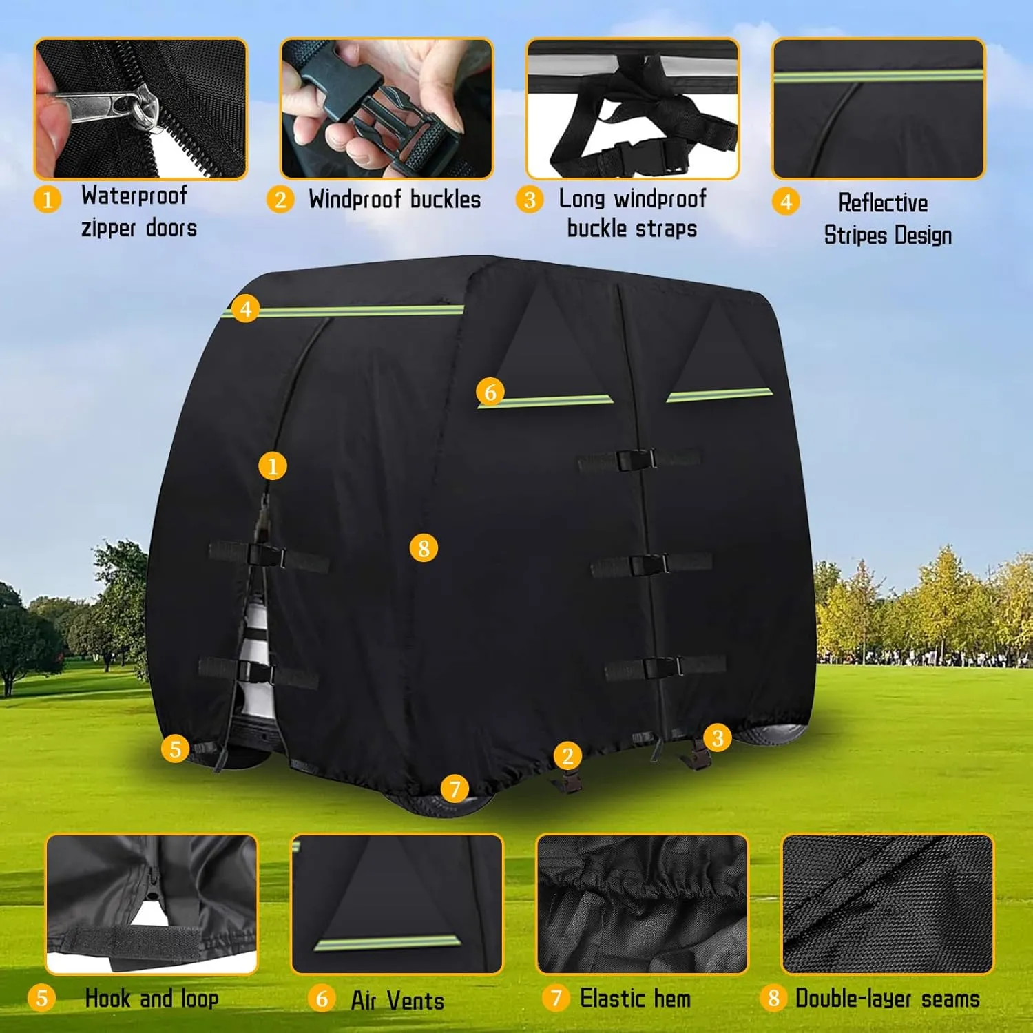 Golf Cart Cover 420D Outdoor 360° Windproof Design Compatible with EZGO Golf Cart 2/4 Passengers with 3 Zipper Doors Windproof Sunproof All-Weather Full Cover,Black (112" L x 48" W x 66" H)